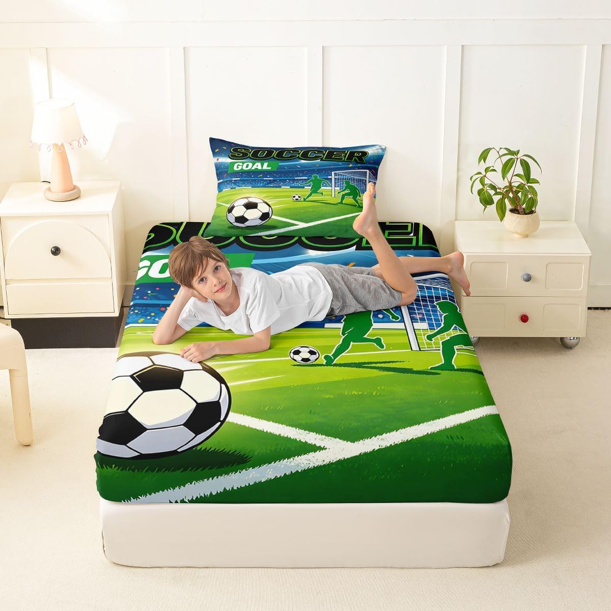 Erosebridal Soccer Ball Bedding Set Twin Boys Football Fitted Sheet Sports Ball Game Bed Sheets for Kids Boys Girls,Athlete Silhouette Green Court Bed Cover 2 Pcs