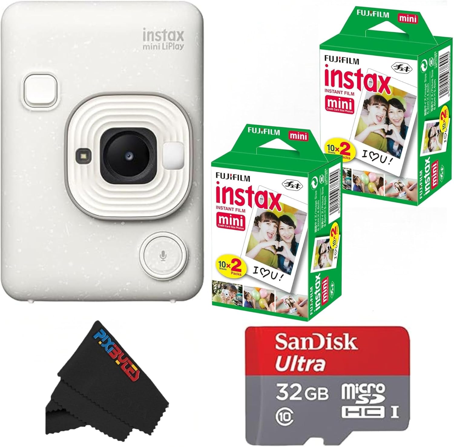 Fujifilm Mini LiPlay Hybrid Instant Camera with Mini Film, 32GB microSD Card, Charging Cable, Hand Strap and Pixibytes Microfiber Cleaning Cloth... (Misty White + 40 Sheets)