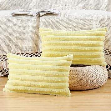 Madizz Set of 2 Faux Fur Decorative Cushion Covers 12x20 inch, 30x50 cm, Yellow Soft Couch Throw Pillows for Bed Modern Pillowcases for Sofa Livingroom Home Decor