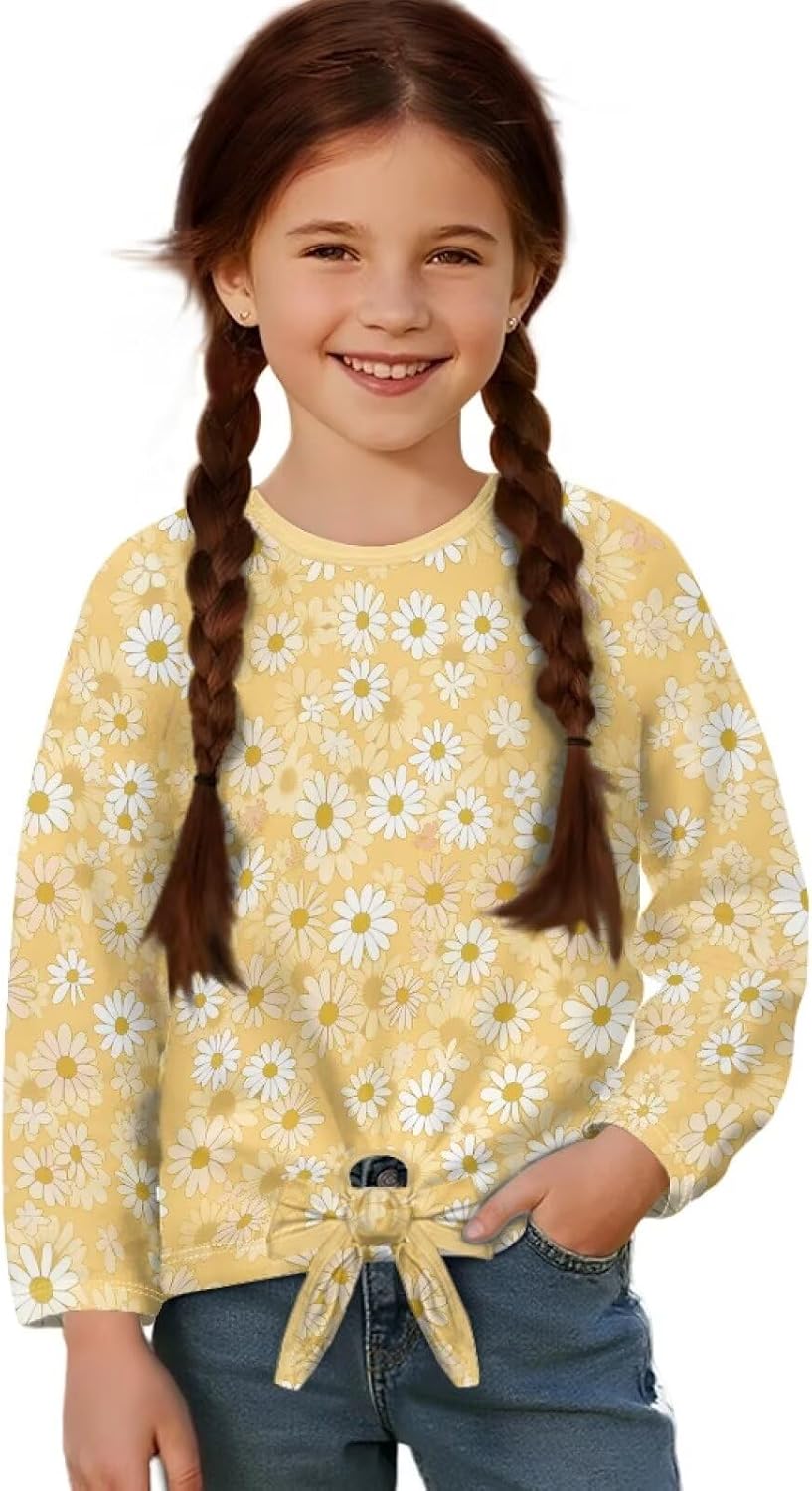 Girls T Shirts Crewneck Casual Sweatshirts Long Sleeve Pullover Tie Front Teens Top for Kids 5-12 Years
