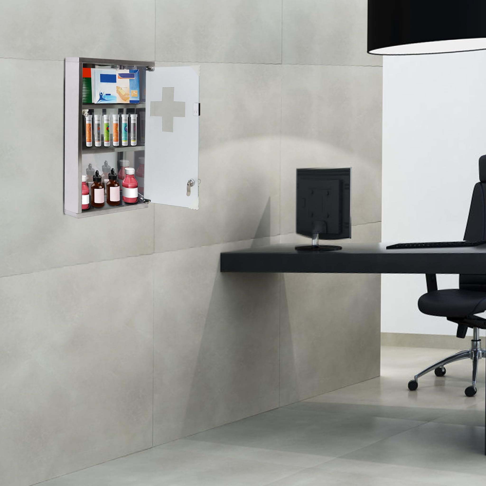 Medizinschrank Apothekerschrank, Abschließbarer Hängeschrank mit Magnetischer Glas Tür, 30x12x50cm (Silber, 3 Fächer)