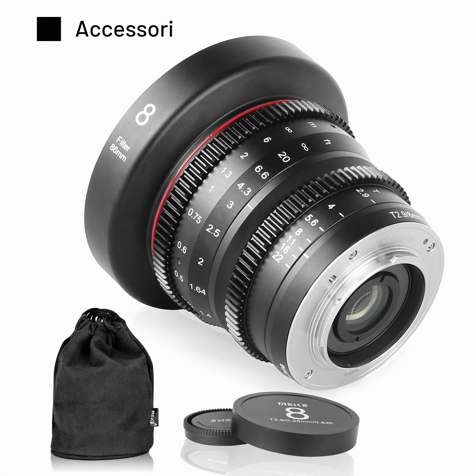 Meike - Lente obiettivo cinematografica, grandangolare da 8 mm T2.9 Mini Fixed Prime, messa a fuoco manuale per fotocamere M43 Micro Four Thirds MFT BMPCC 4K Z CAM E1 E2 Black