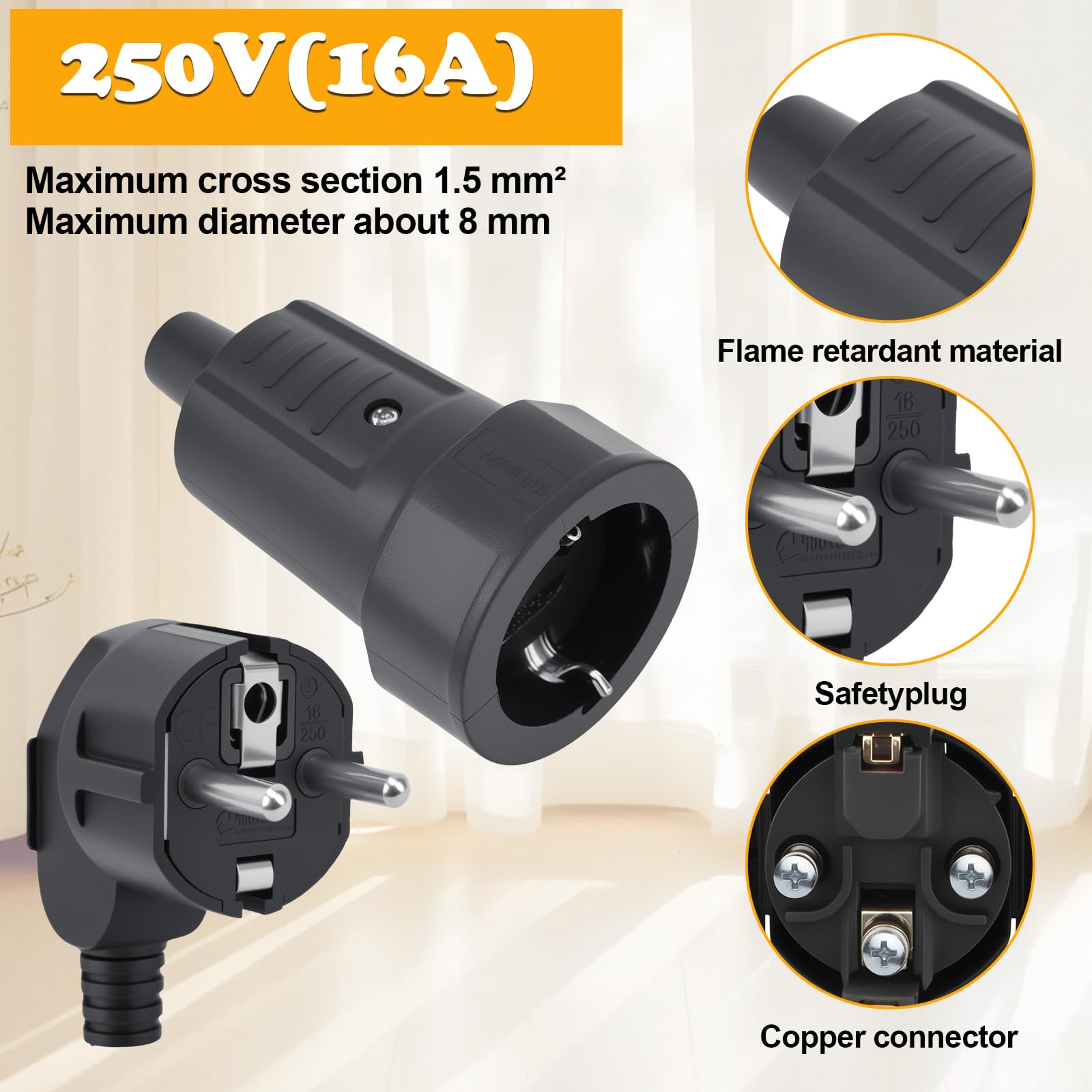 Connecteurs Schuko Fiche Prise Femelle 250V 16A IP20 Ignifuge Lot de 8