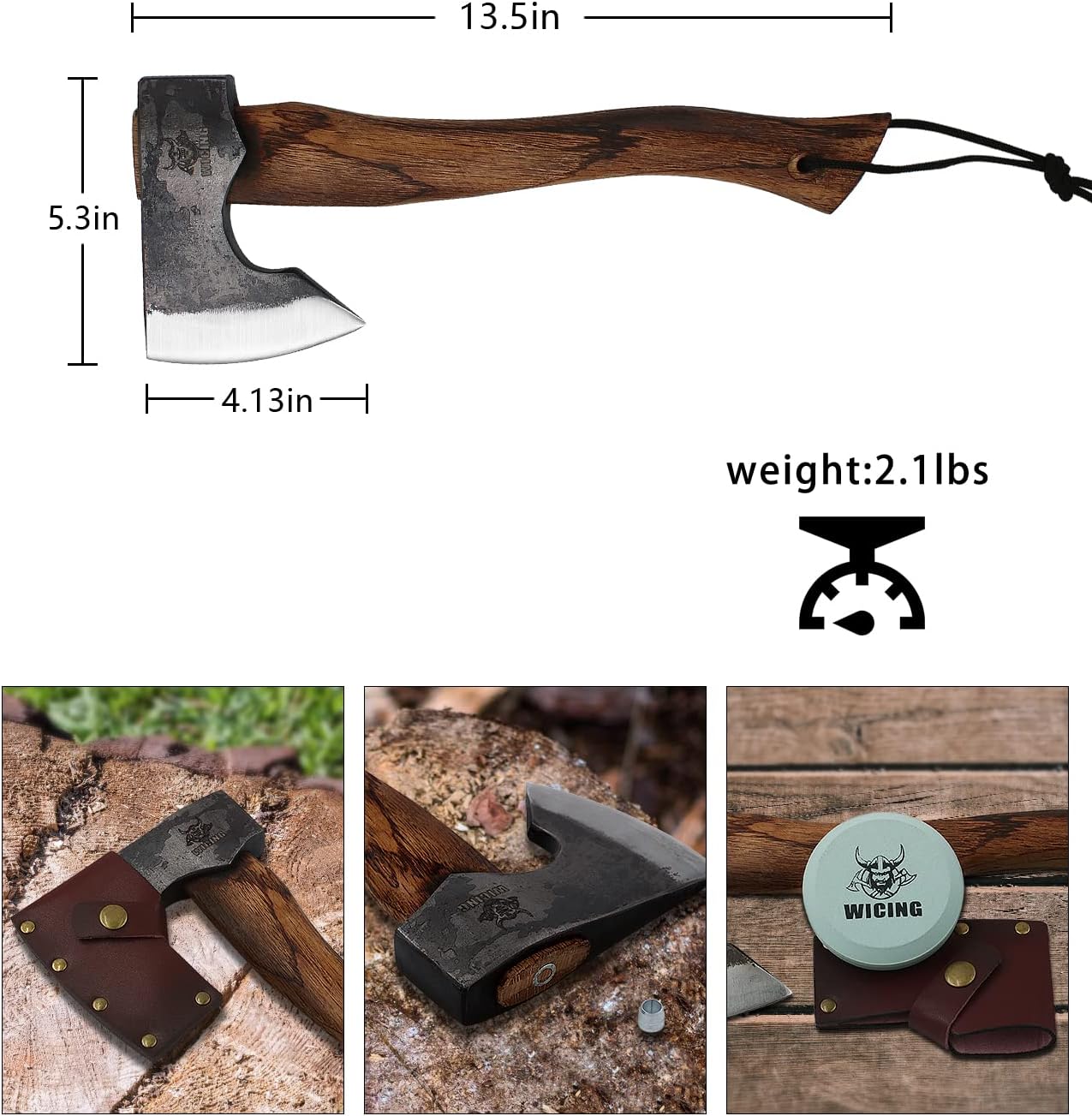 13.5 Inch Hatchet, Camping Axes and Hatchets 1065 Carbon Steel and Beech Handle, with Leather Sheath