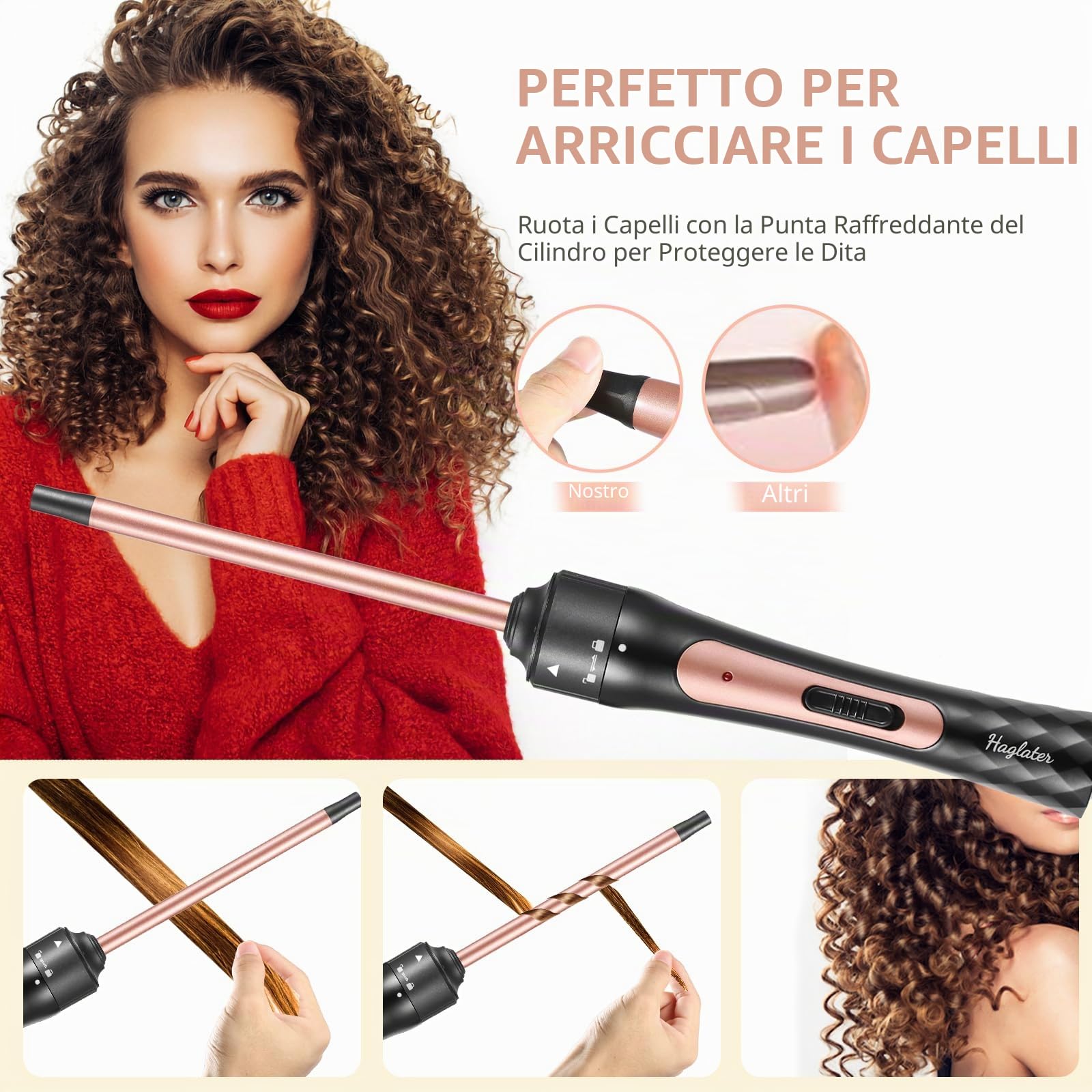 Ferro arricciacapelli piccoli ricci, mini arricciacapelli Haglater 9 mm, arricciacapelli sottili sottili e stretti, riscaldamento rapido 40 secondi, 2 temperature 180 °C/210 °C, bigodini per capelli