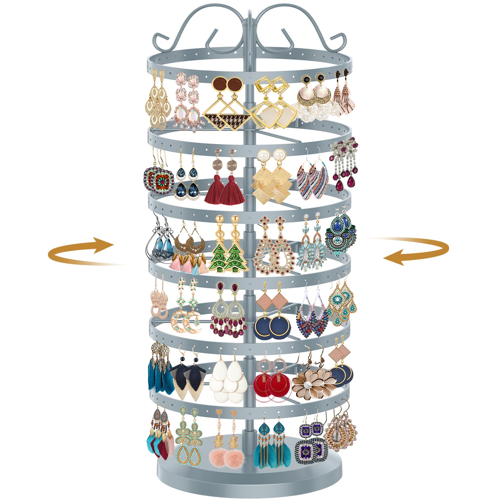 MODOWEY Rotating Earring Holder Organizer Stand, 6 Tiers Metal Tree, Grey