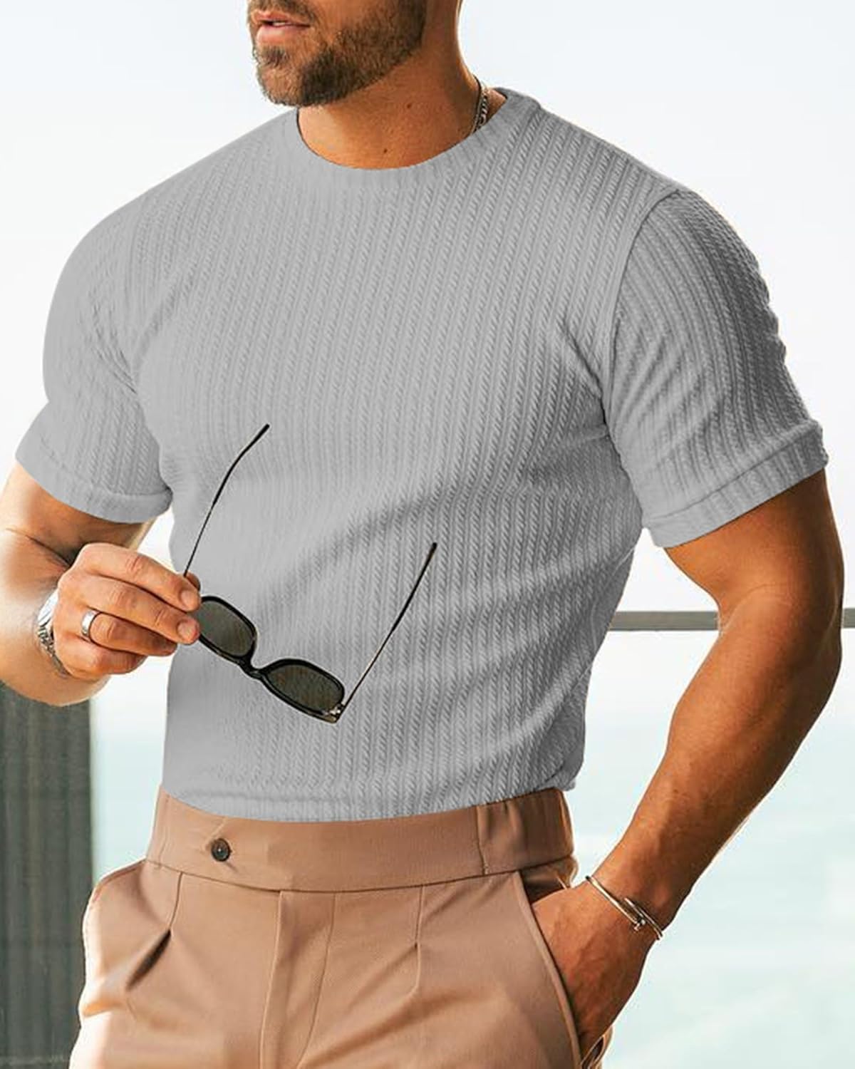 Men's Ribbed Knit T-Shirts Short Sleeve Casual Crewneck Slim Fit Textured Pullover Tees - Image 3