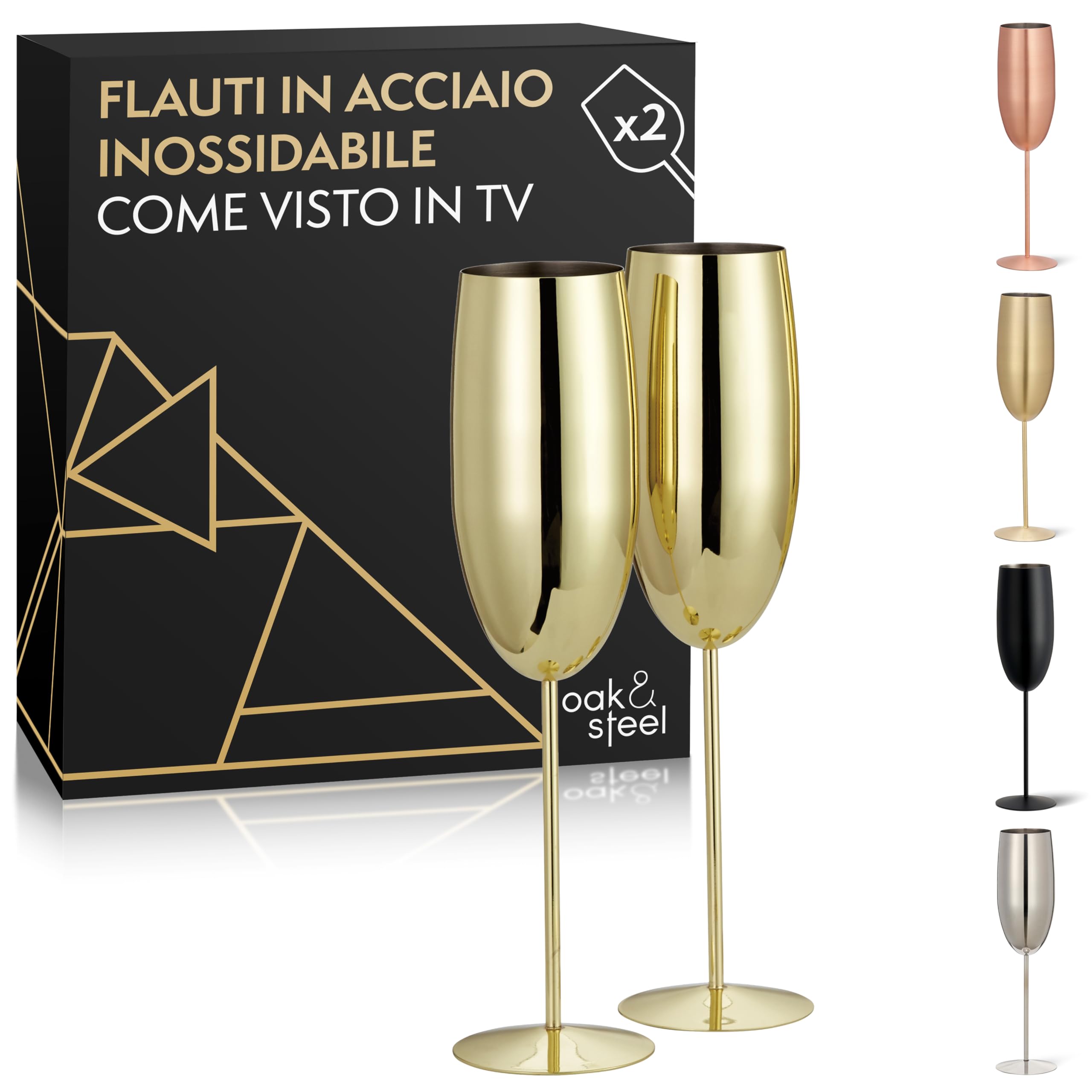 Oak & Steel - 2 Flûtes à Champagne Dorées, 280 ml - Verres à Prosecco en Acier Inoxydable Doré avec Boîte Cadeau