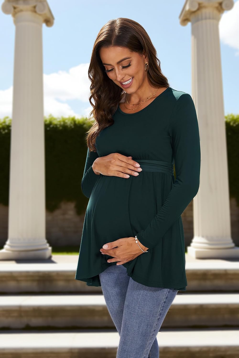 Women's Maternity Tops Short & Long Sleeve Pleated Waist Shirts Pregnancy Clothes - Image 3