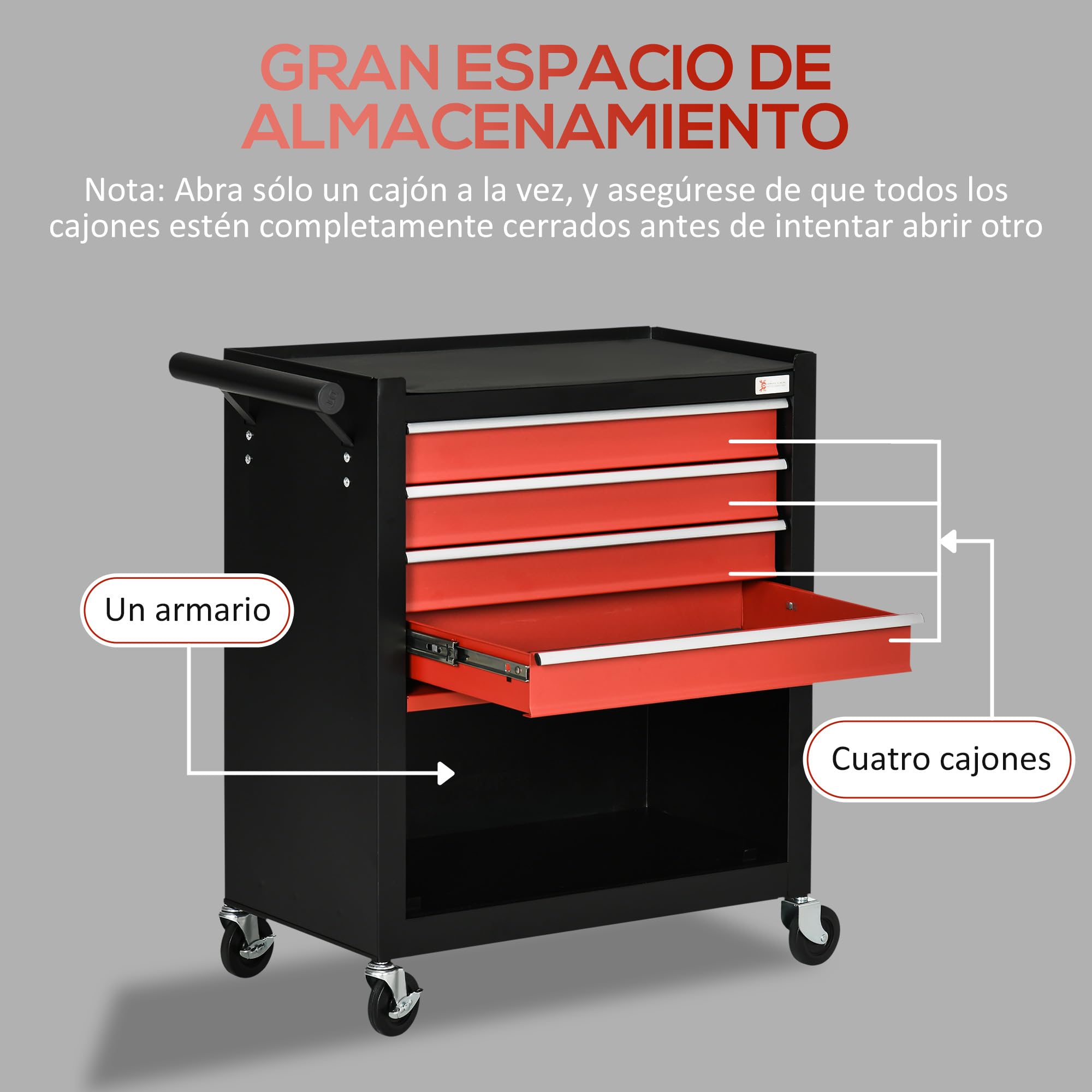 DURHAND Carro de Herramientas con Ruedas Taller Móvil con 1 Armario de Almacenamiento 1 Asa Lateral y 4 Cajones Carga 130 kg para Talleres Hogar 69x33x75 cm Negro y Rojo