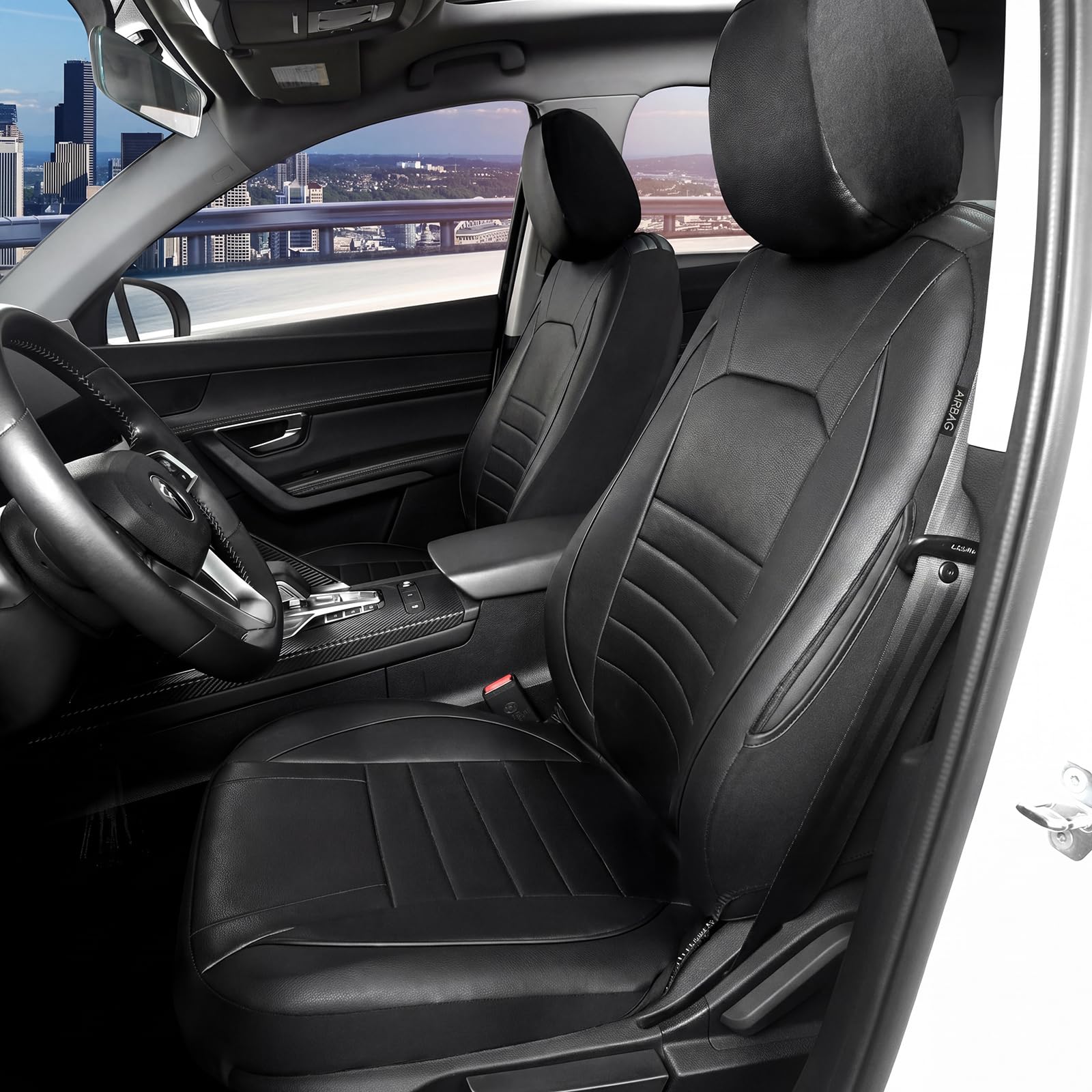 AUTOYOUTH Fundas universales para asientos delanteros de coche, de piel sintética, impermeables, color negro, compatibles con airbag, par para SUV, furgoneta, sedán