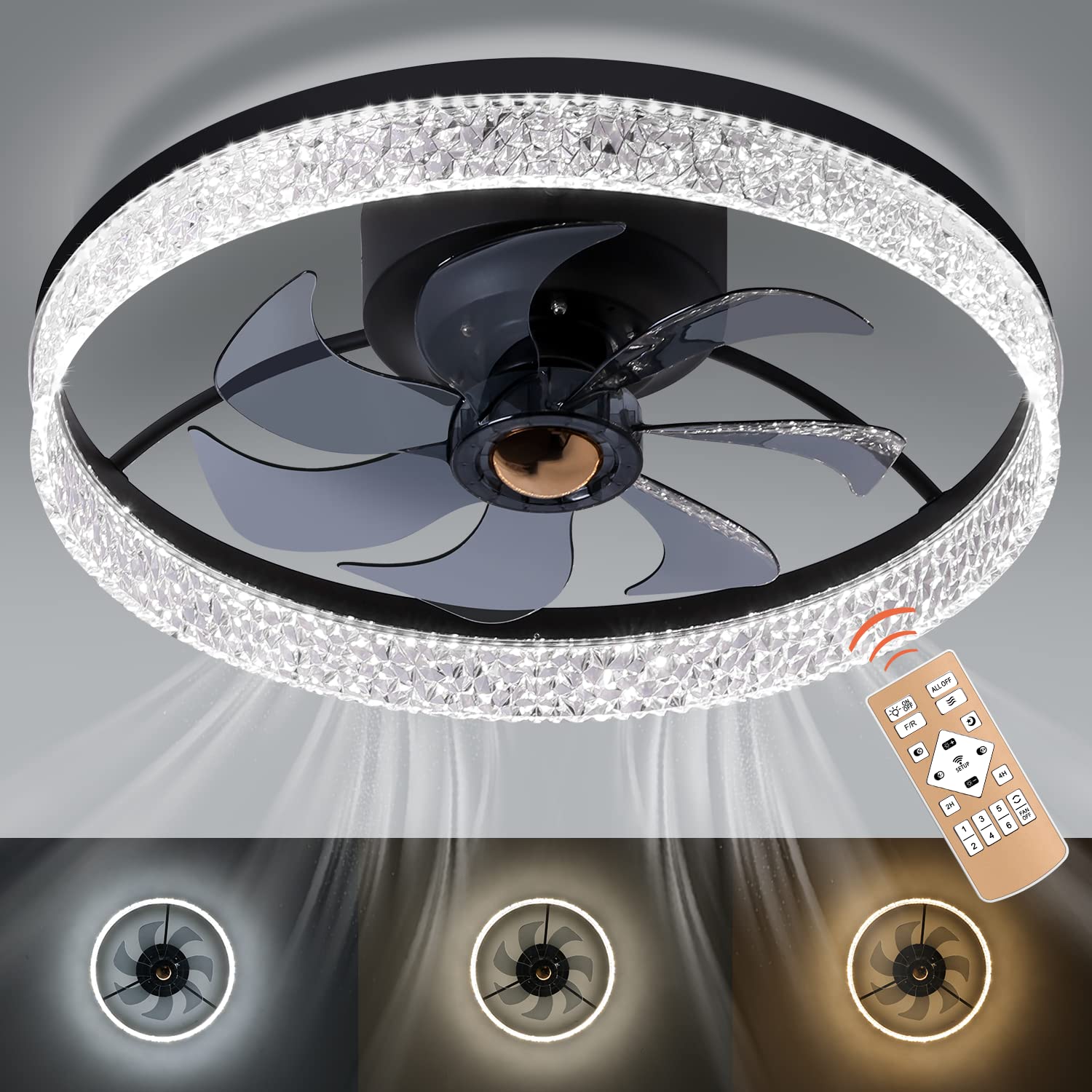 REDSTAR 20" Black Ceiling Fans with Lights and Remote - Low Profile Ceiling Fans for Bedroom Flush Mount, 3 Color Dimimable LED, 6 Speed Reversible