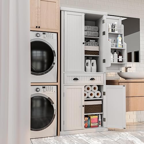 Miniatura 7 de Armario de almacenamiento de despensa de cocina de 72 pulgadas con puertas y estantes, armario de 72 pulgadas de alto independiente de lino, 4