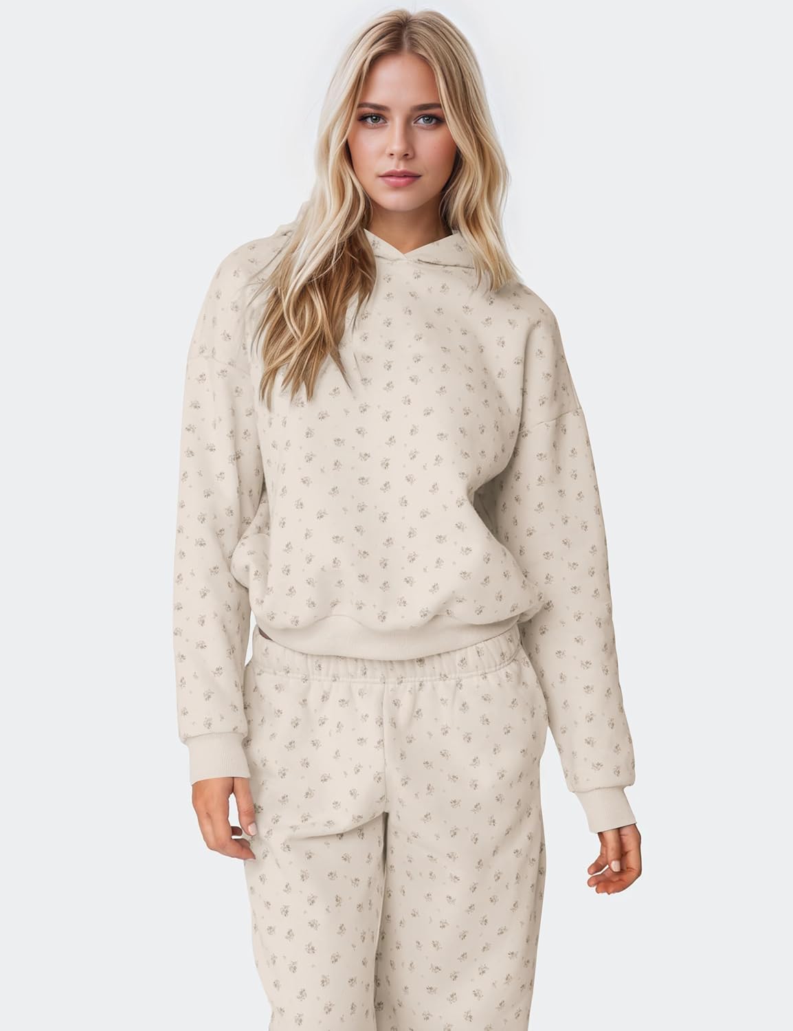 OLAPTA Women 2 Piece Outfits Ditsy Flower Print Sweatsuits Sets Long Sleeve Sweatshirts Wide Leg Sweatpants Fall Tracksuits(Apricot,Small)