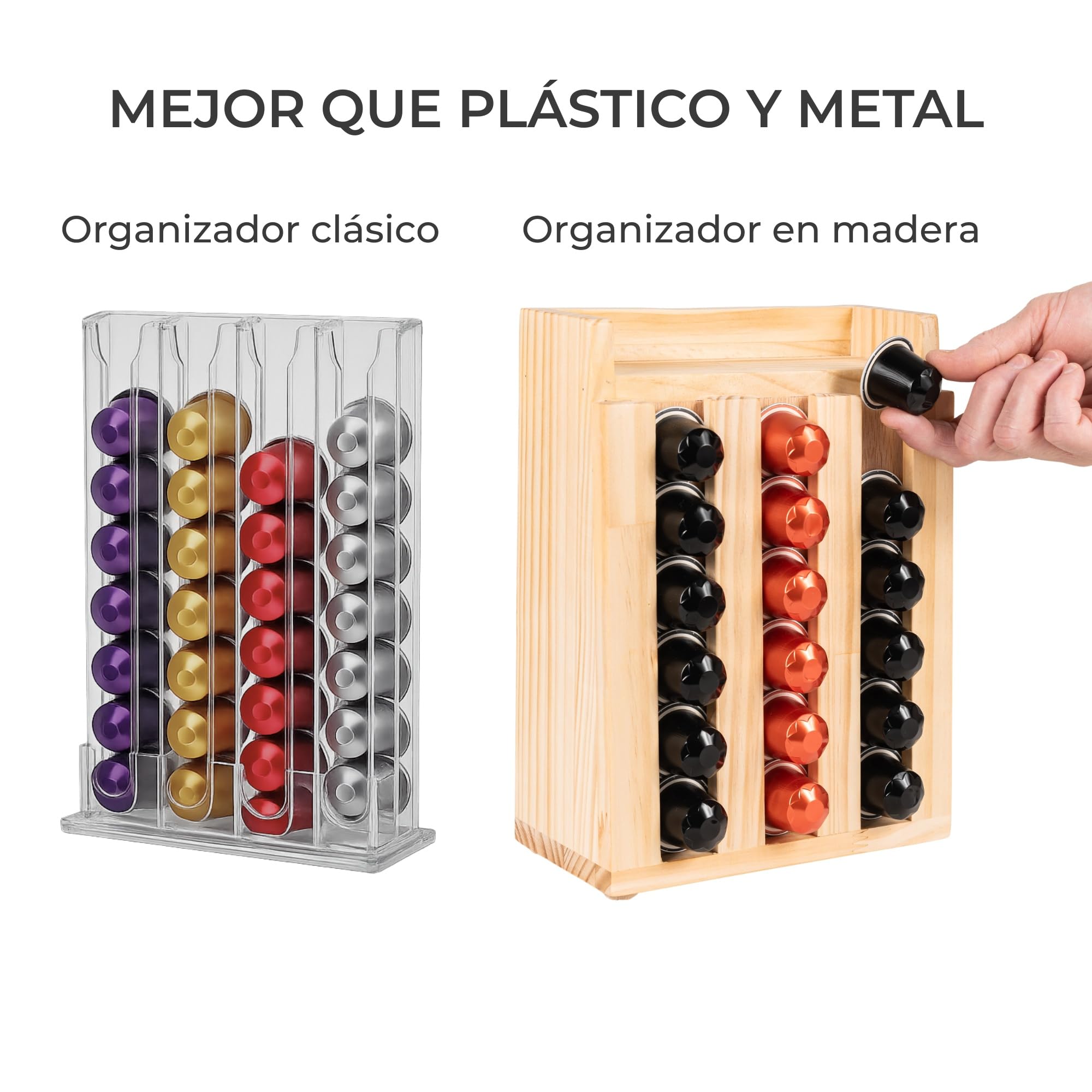 Porta Cápsulas Madera 40 Unidades – Organizador Vertical con Bandeja Superior y Almacenamiento Trasero – Compatible Tipo Original — view 7