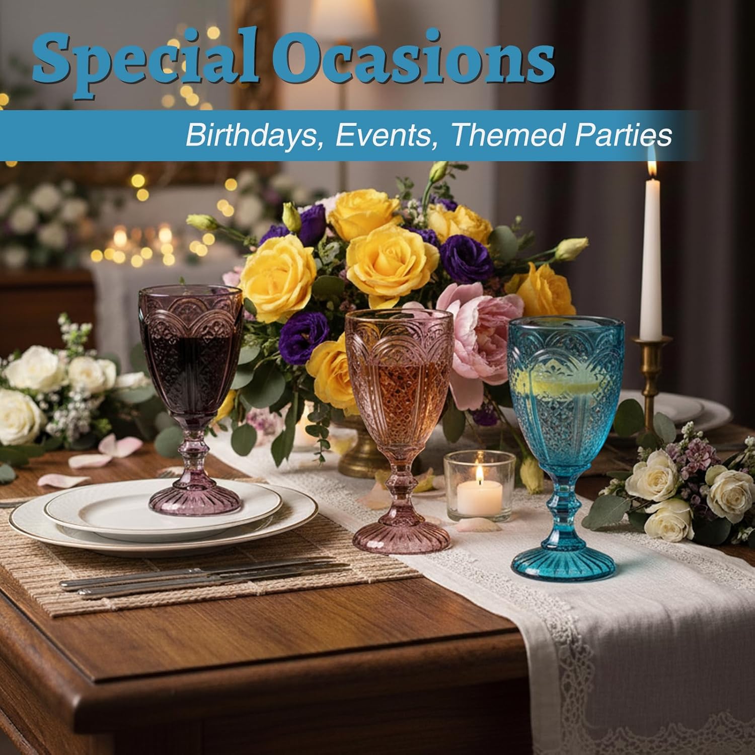 Chaos Coordinator Colored Wine Glasses set of 6 glass goblets, Vintage Water Goblets Glasses, Drinking Stemware Beverage Cups for Party, Bar, Champagne, Juice, Beer, Cocktail, Embossed Design - Image 3