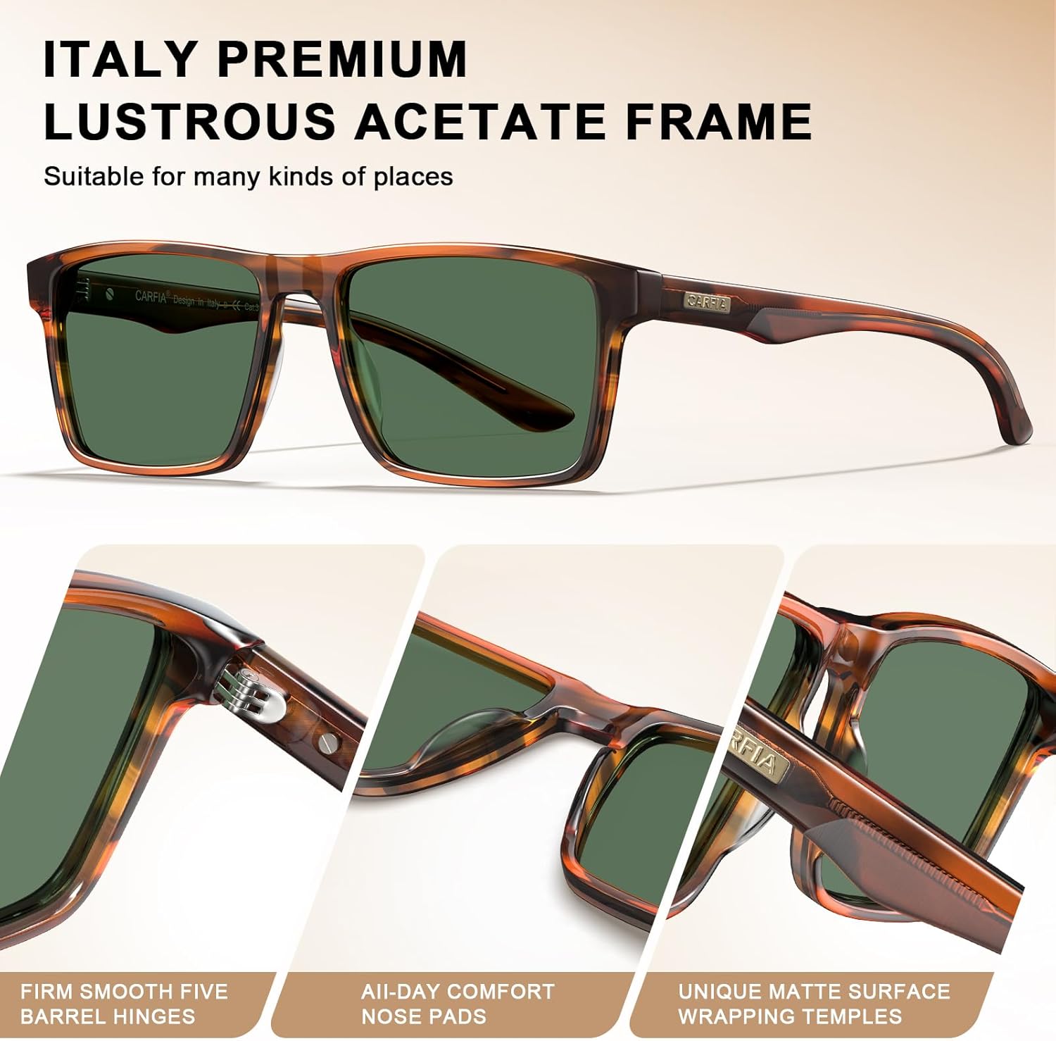 CARFIA Retro Acetate Mens Sunglasses Polarized Classic Square Sun Glasses CA62162 - Image 7