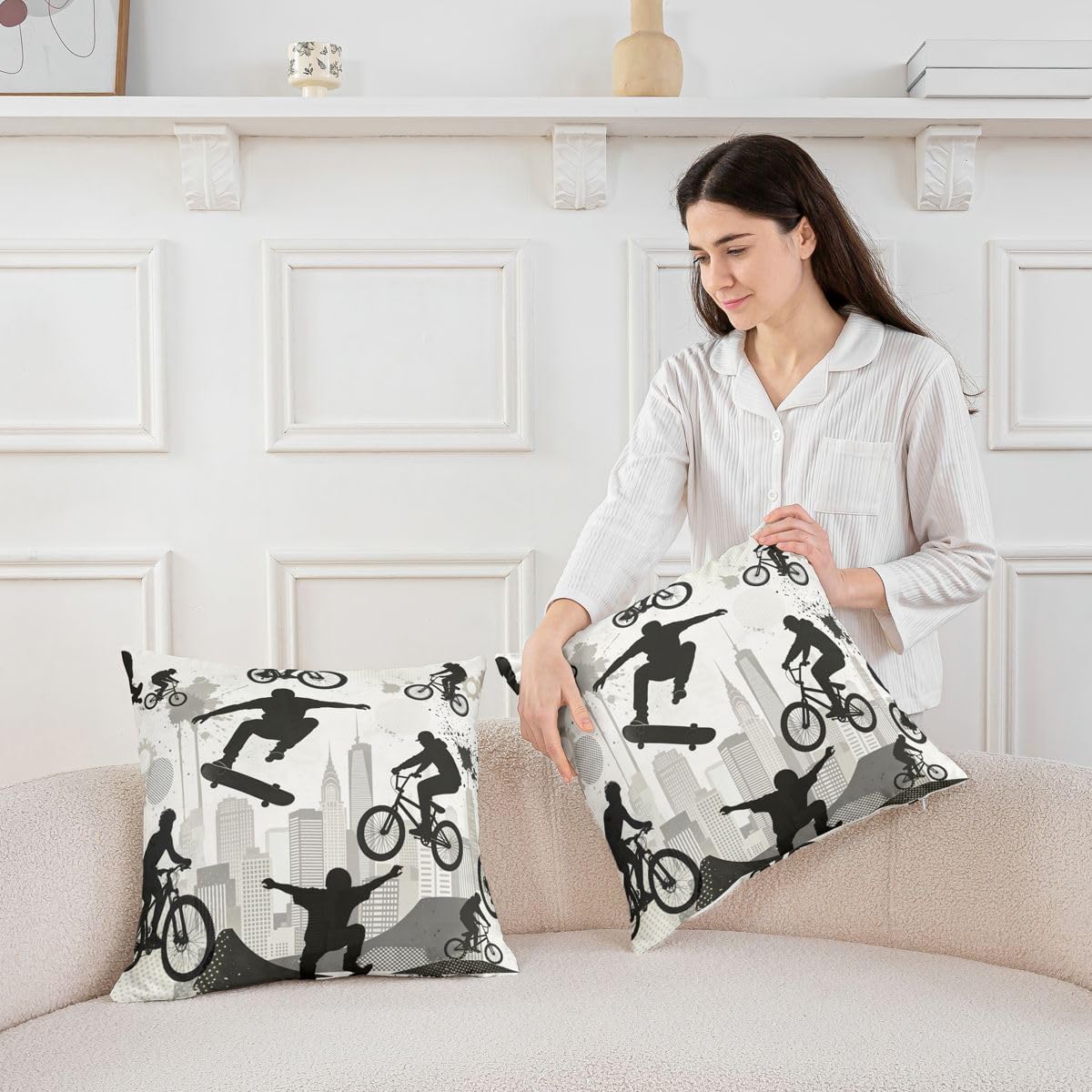 Skateboard Boy Throw Pillow Covers (Pack of 2),Skateboarding Cycling Cushion Cover for Kids Girls Teens City Street Sport Games Pillow Cases Modern Grey Black Living Room Sofa Bed Decor ,18"Lx18"W image 3