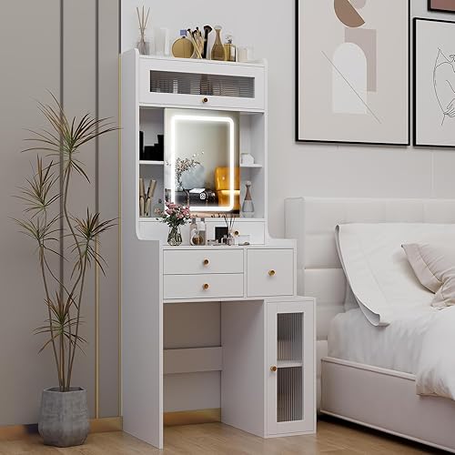 Miniatura 6 de ARTETHYS Juego de mesa de tocador de maquillaje con 3 taburetes acolchados de espejo iluminado, escritorio de tocador con cajón grande marco de