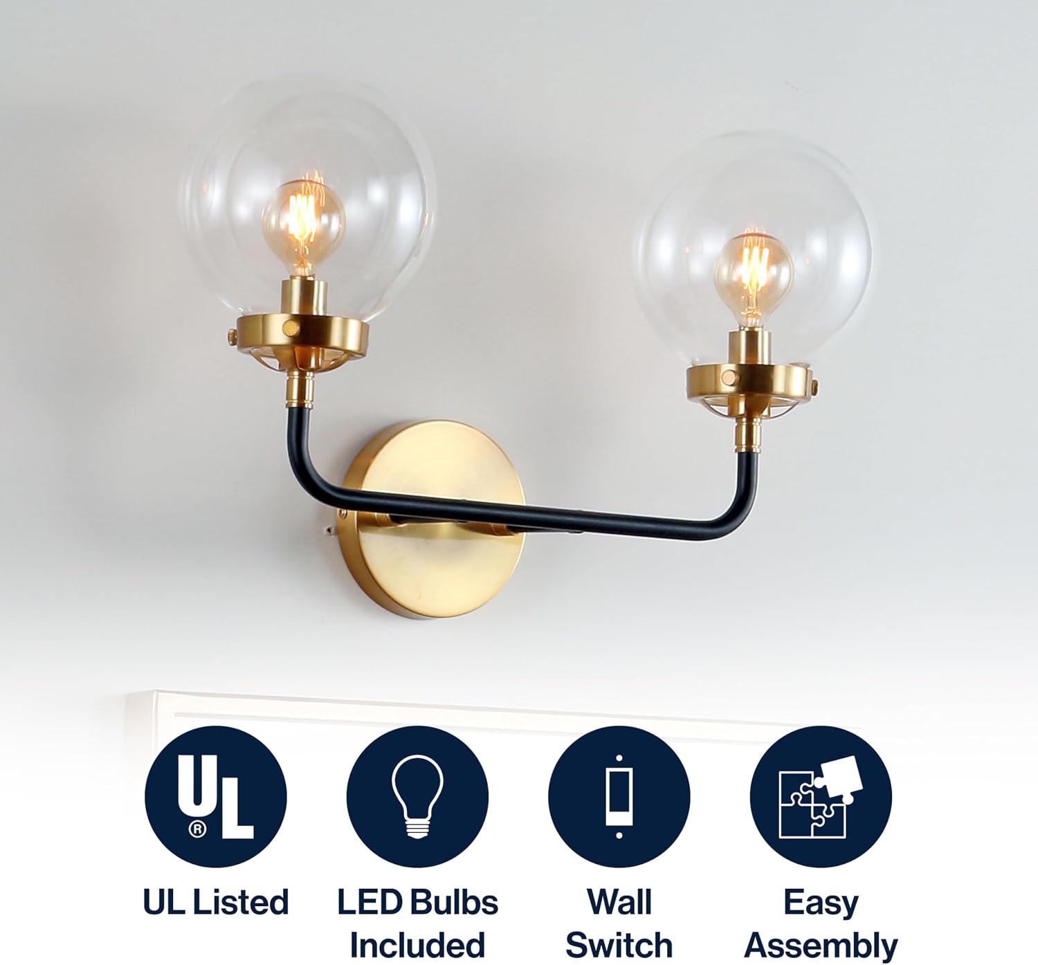 JONATHAN Y 18" Black/Brass Gold 2-Light LED Wall Sconce Vanity Lighting, Clear Glass Globe Shade Modern Contemporary Sconce for Bathroom Mirror, Hallway, UL Listed (JYL9010A)