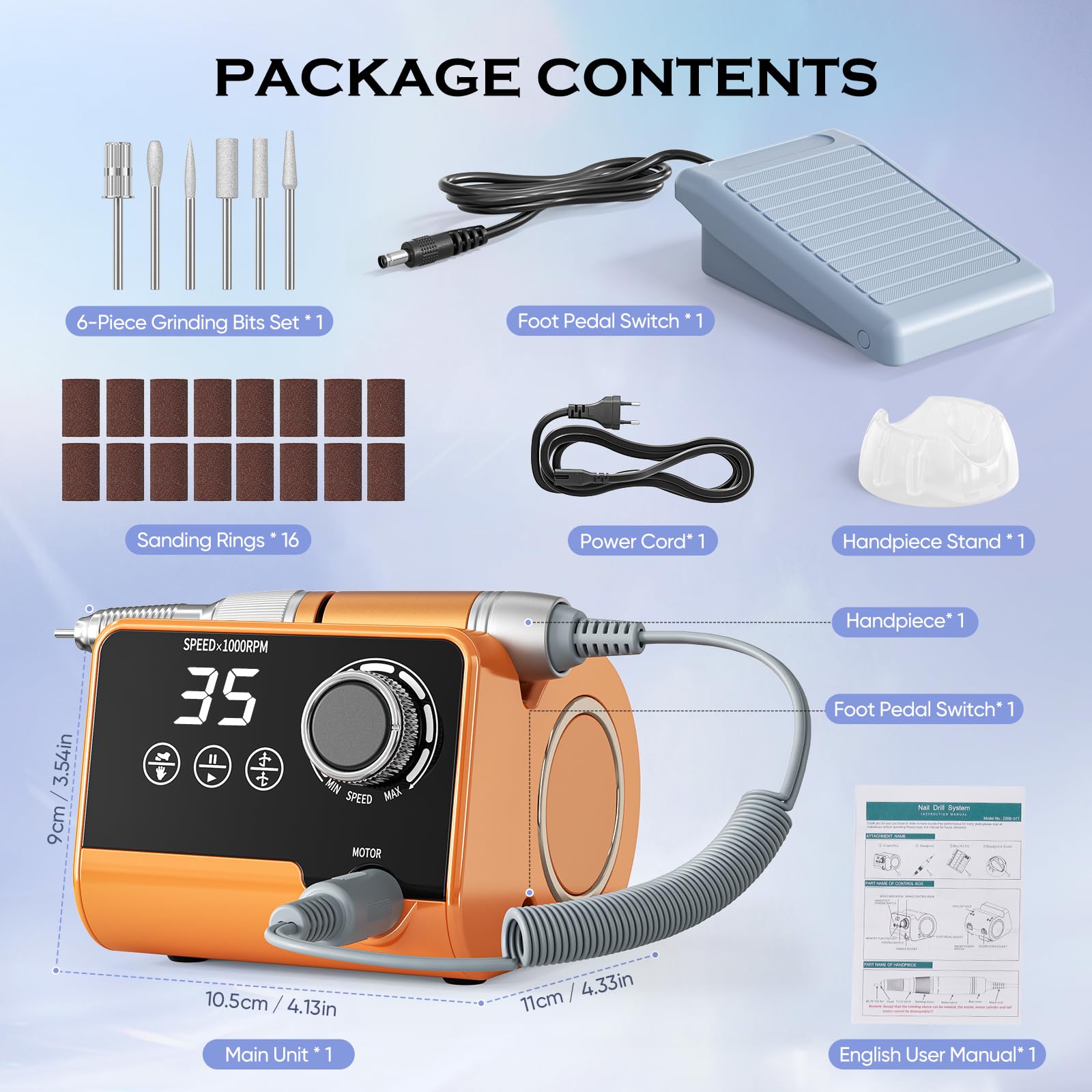 Professionelle Elektrische Nagelfräser, 35000 U/Min Maniküre Pediküre Set mit 6 Fräser, LED Display für Gelnägel und Acrylnägel, für den Heimgebrauch und Nagelstudios (Orange)