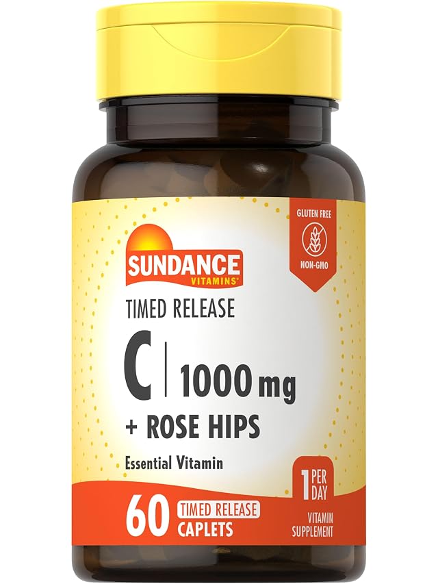 Sundance Vitamin C 1000mg with Rose Hips 60 Coated Caplets Timed Release Vegetarian Non-GMO and Gluten Free Supplement