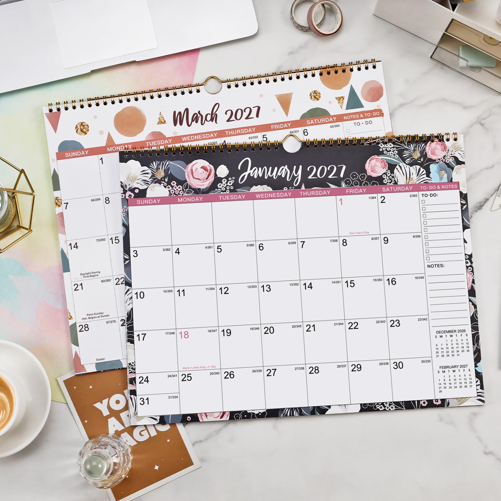 Kalender 2026 - Wandkalender 2026, Wandkalender 12 Monate, Januar 2026 - Dezember 2026, 38,1 x 29,2 cm, Doppeldrahtbindung + Haken zum Aufhängen + dickes Papier + Julianische Daten - Floral