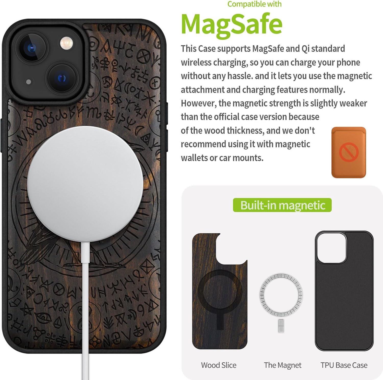 Carveit Magnetic Wooden Case for iPhone 15 Case, Compatible with MagSafe Wireless Chargers, Black Soft TPU Shockproof Cover & Wood Artisan Engraved (The Haloed Crow) - Blackwood