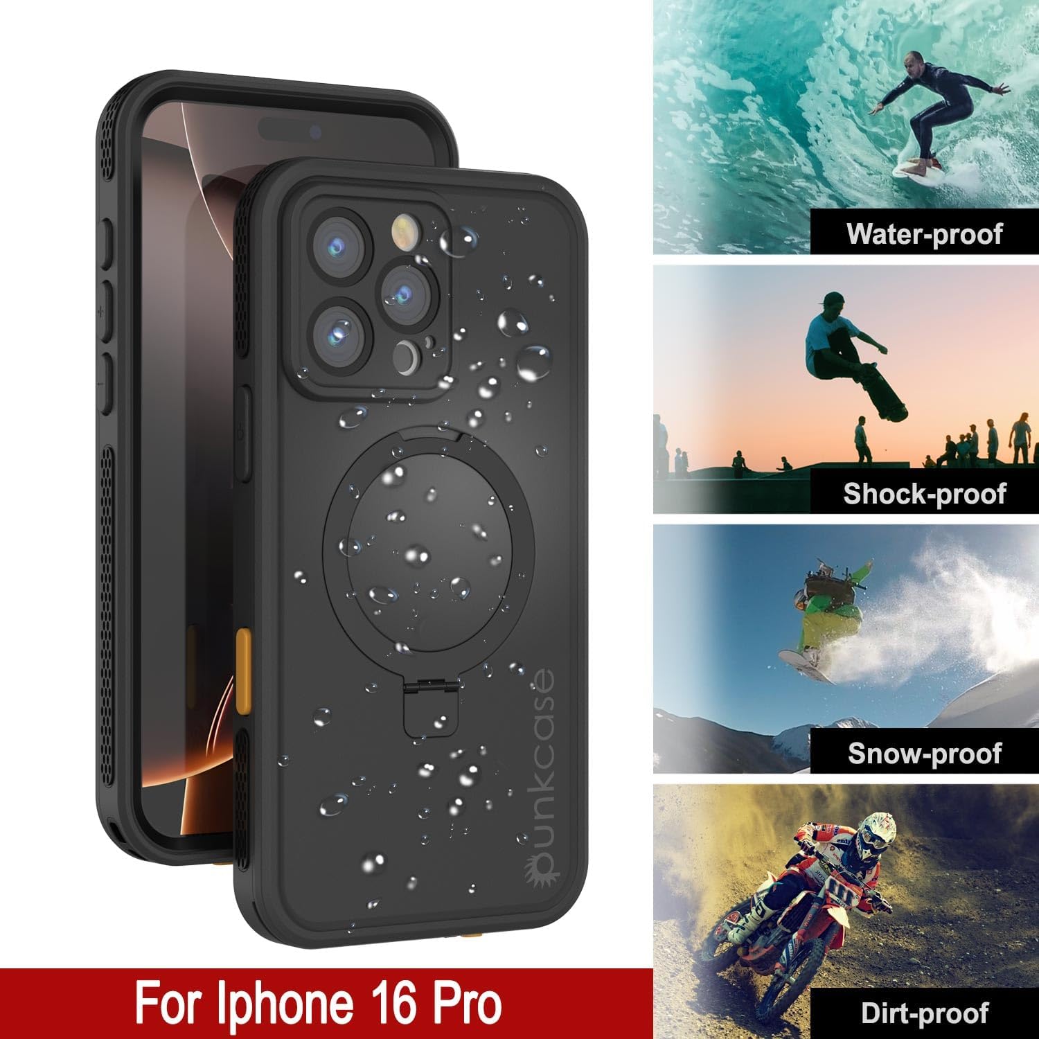 PunkCase for iPhone 16 Pro Waterproof Case [Kickstud 2.0 Seriess] Protective IP68 Certified Cover W/Screen Protector & Kickstand | Ultra Slim 360 Protection for iPhone 16 Pro (6.3") (Black)