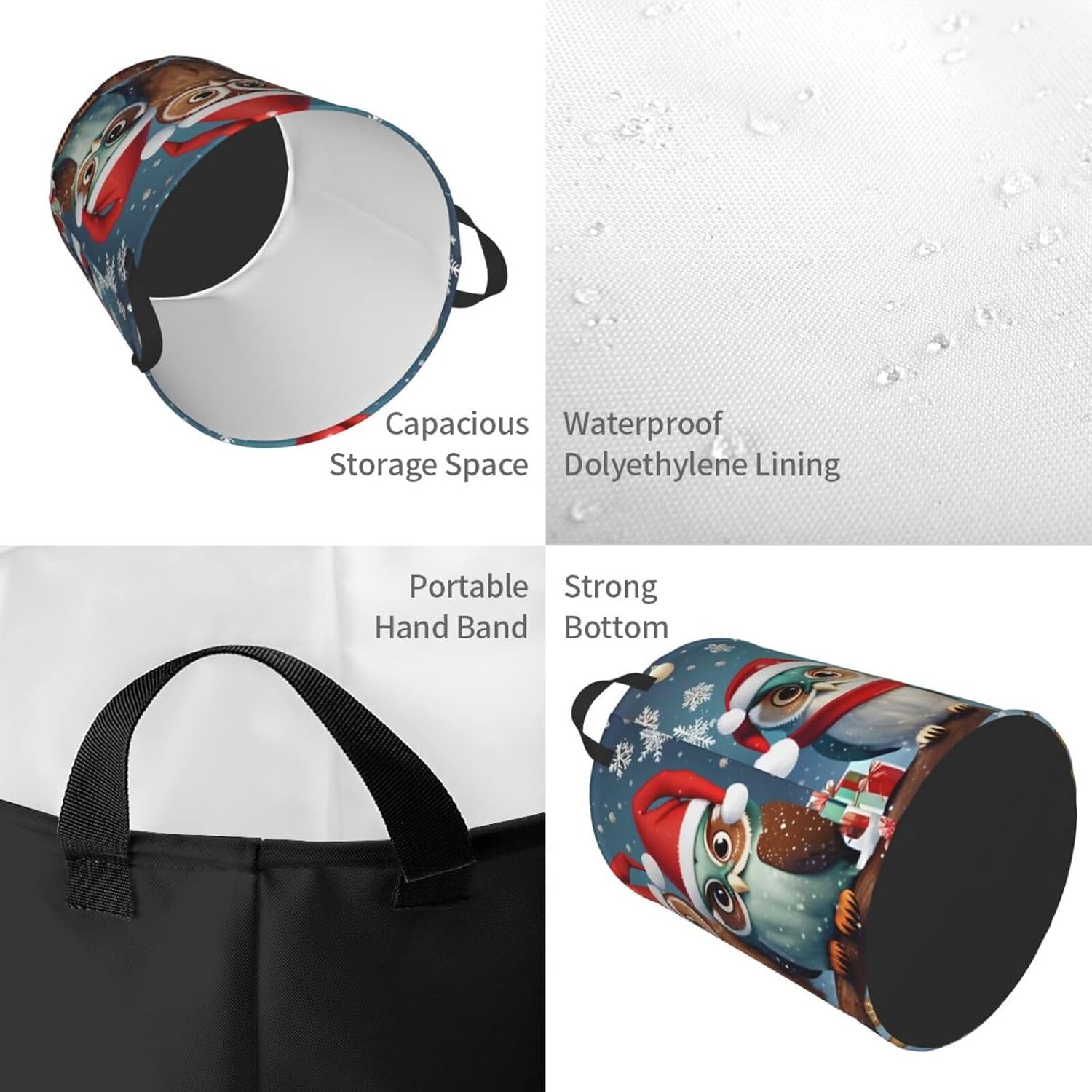 Cute Christmas Owls On Branch Print Circular Protable Storage Bin,Basket For Laundry Hamper With Handles Bedroom Clothes