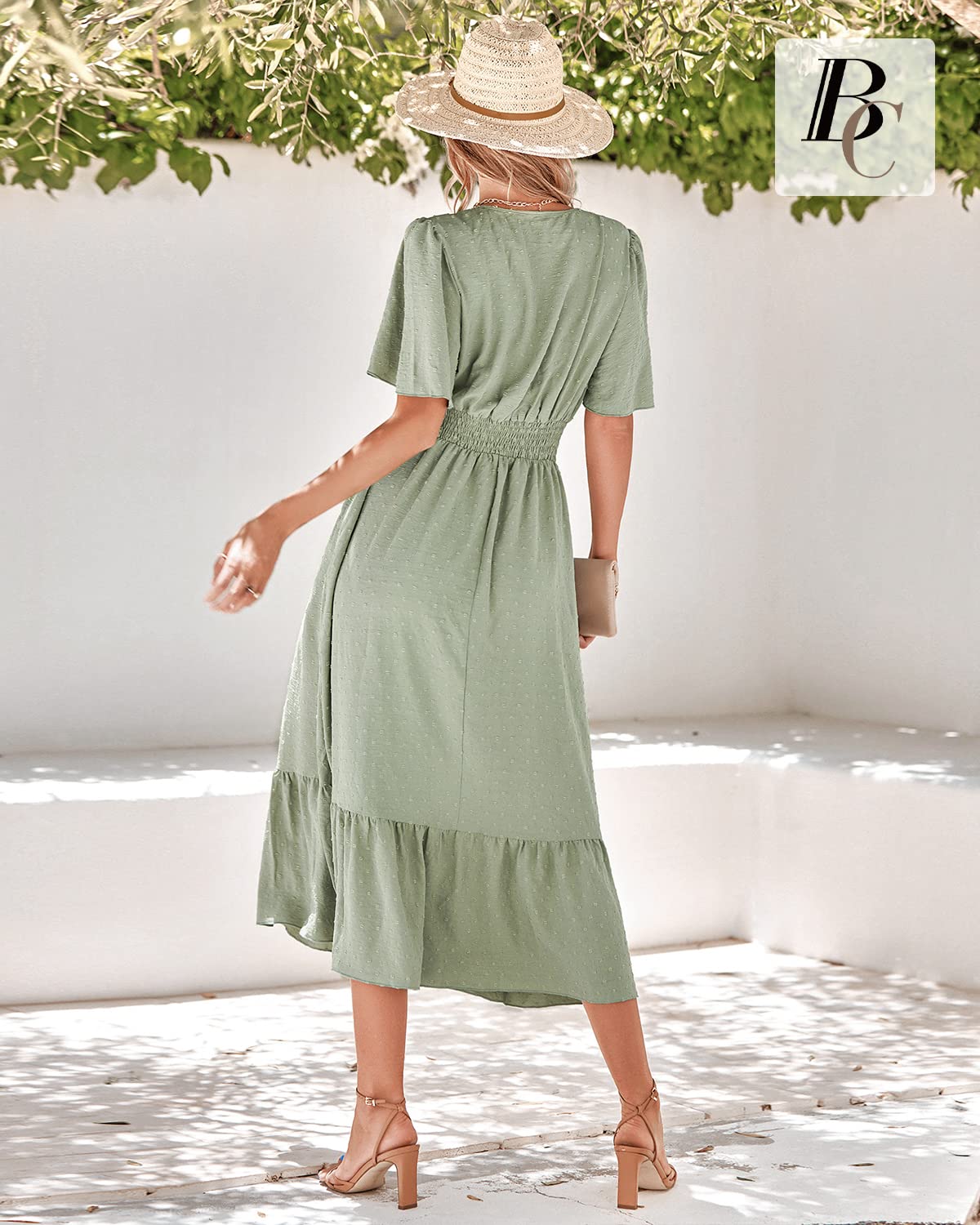 BebreezChic Vestido de verano largo para mujer, estilo bohemio, elegante, manga corta, cuello en V, cintura alta, con lunares suizos, con flores, vestido de playa