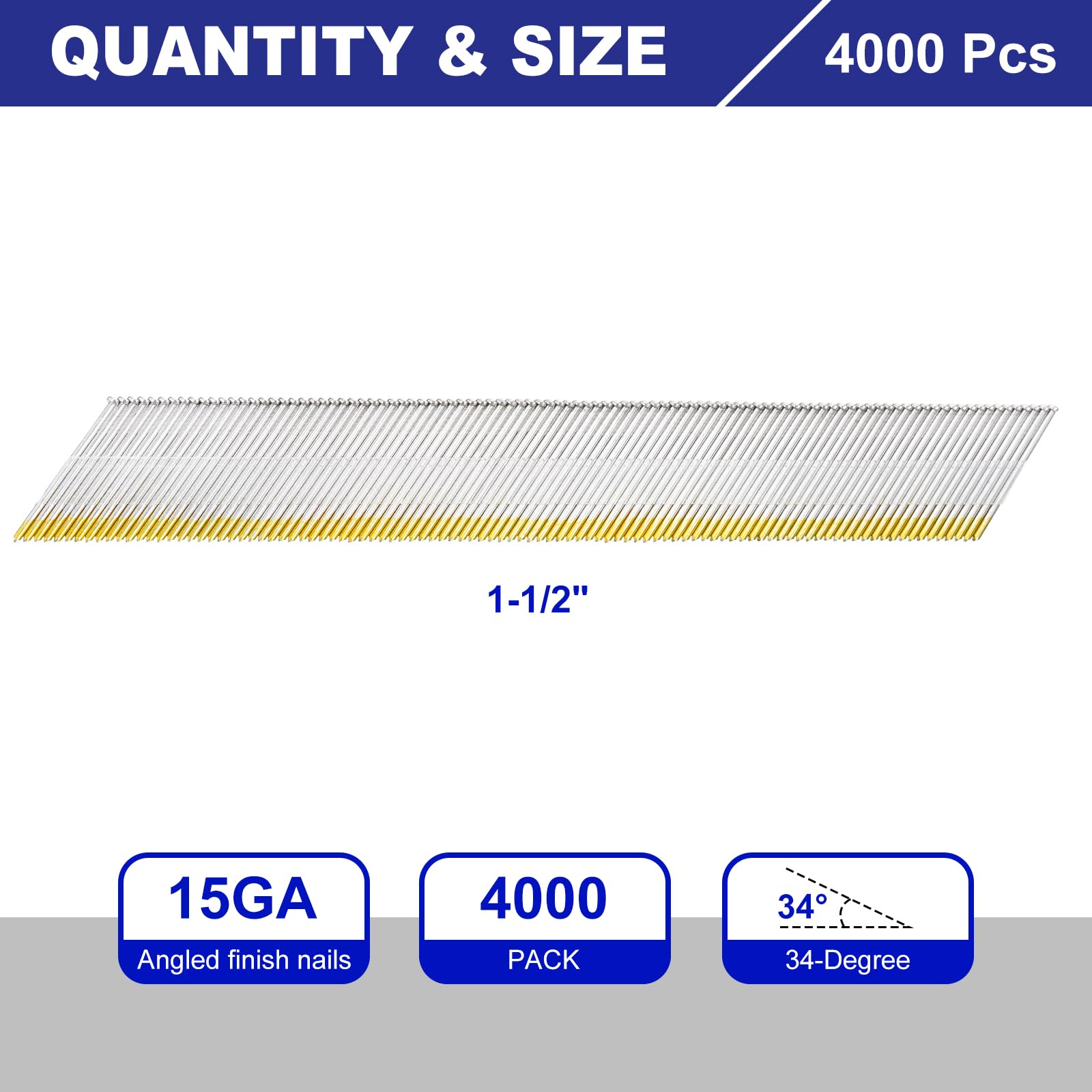 QUARKZMAN 4000 Unidades De Clavos Angulados Para Acabado Calibre 15 Longitud 1-1/2" 34 Grados Galvanizados Varios Tamaños Paquete Para Proyectos De Carpintería Y Construcción Color Zinc