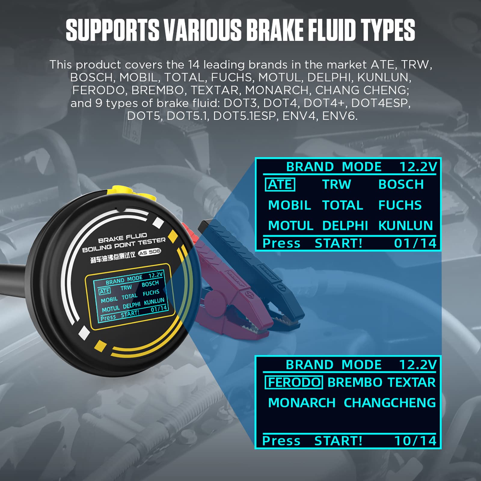 Strumenti per sistemi frenanti per autoveicoli a doppia modalità AS506 Rilevatore del punto di ebollizione del liquido freni per DOT 3, DOT 4, DOT4+, DOT 4 ESP, DOT 5, DOT5.1, DOT5.1ESP, ENV4, ENV6