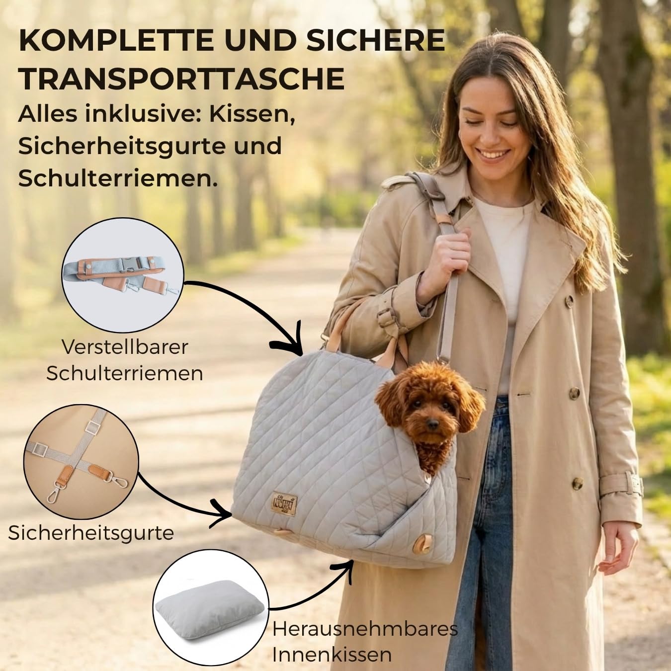 Hundetransporttasche fürs Auto Hundesitz | Tragetasche kleine Hunde bis 3kg | Komfortable Tragetasche mit Polster, Schultergurt und Sicherheitsleine.