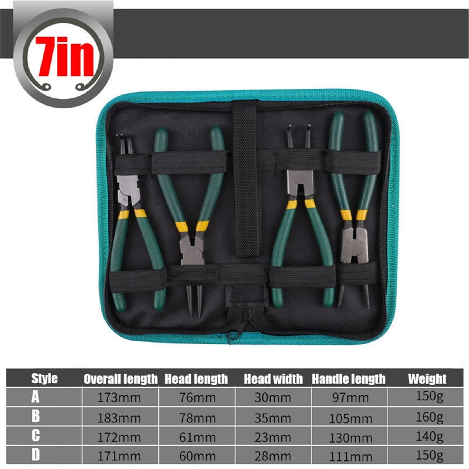 Juego de 4 Uds alicates circulares con bolsa almacenamiento, punta larga 7 pulgadas, curvados rectos, herramienta removedora anillos a presión retención interior y exterior(B-7in)