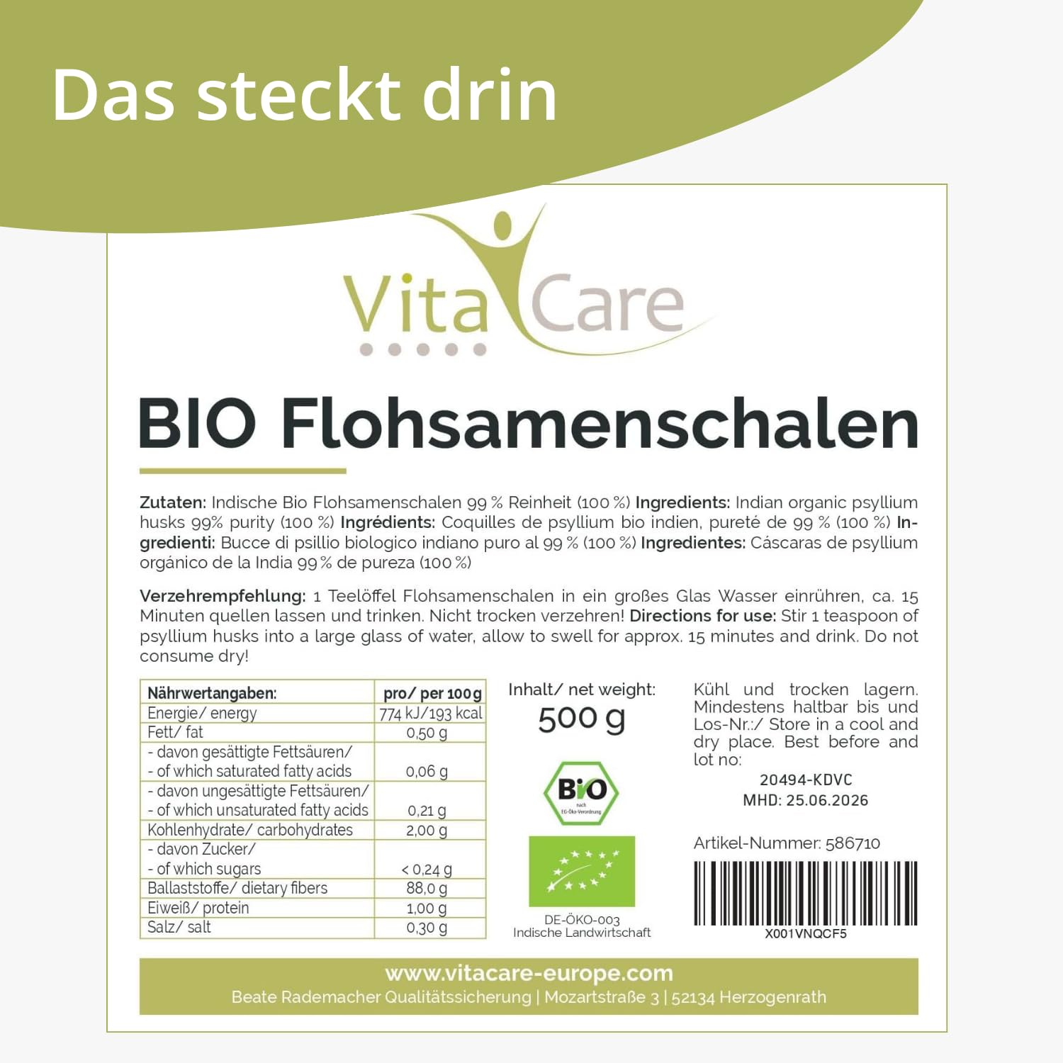 VitaCare, Cáscaras de Psyllium, Ricas en Fibra, Veganas y Sin Gluten, Favorecen la Digestión, Sin Sabor, 500 g