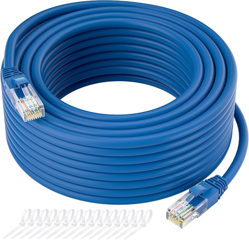 Cat5e Ethernet Cable 50 FT, Cat 5e Internet Cable, Blue Snagless Patch Cord, Flexible, Network, LAN, PoE, Standard RJ45 Connector for PC, Server, Router, Modem, TV, PS5 - with 15 Cable Ties