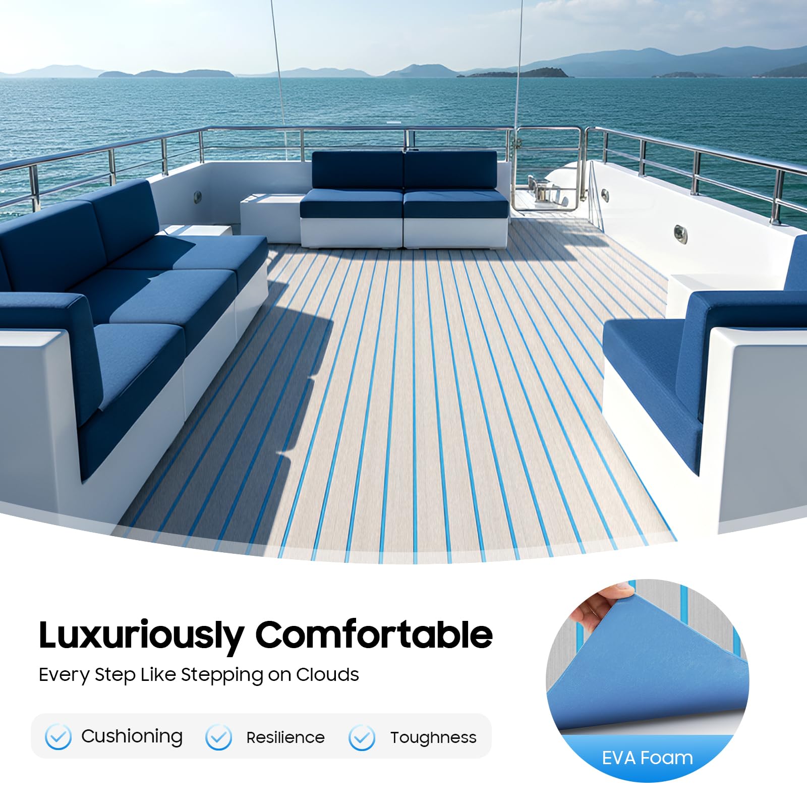 Eva Teak Tapis de Sol Autocollant 240 x 60 cm Revêtement de Sol antidérapant de 6 mm pour Votre Maison, Bateau, Marine, Salle de Sport, Gris Clair avec Coutures Bleue