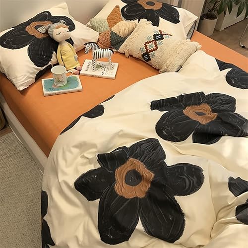 Miniatura 4 de KAREVER Juego de edredón floral negro, ropa de cama botánica negra, mantas elegantes para mujer, ligeras y reversibles de girasol negro, tamaño