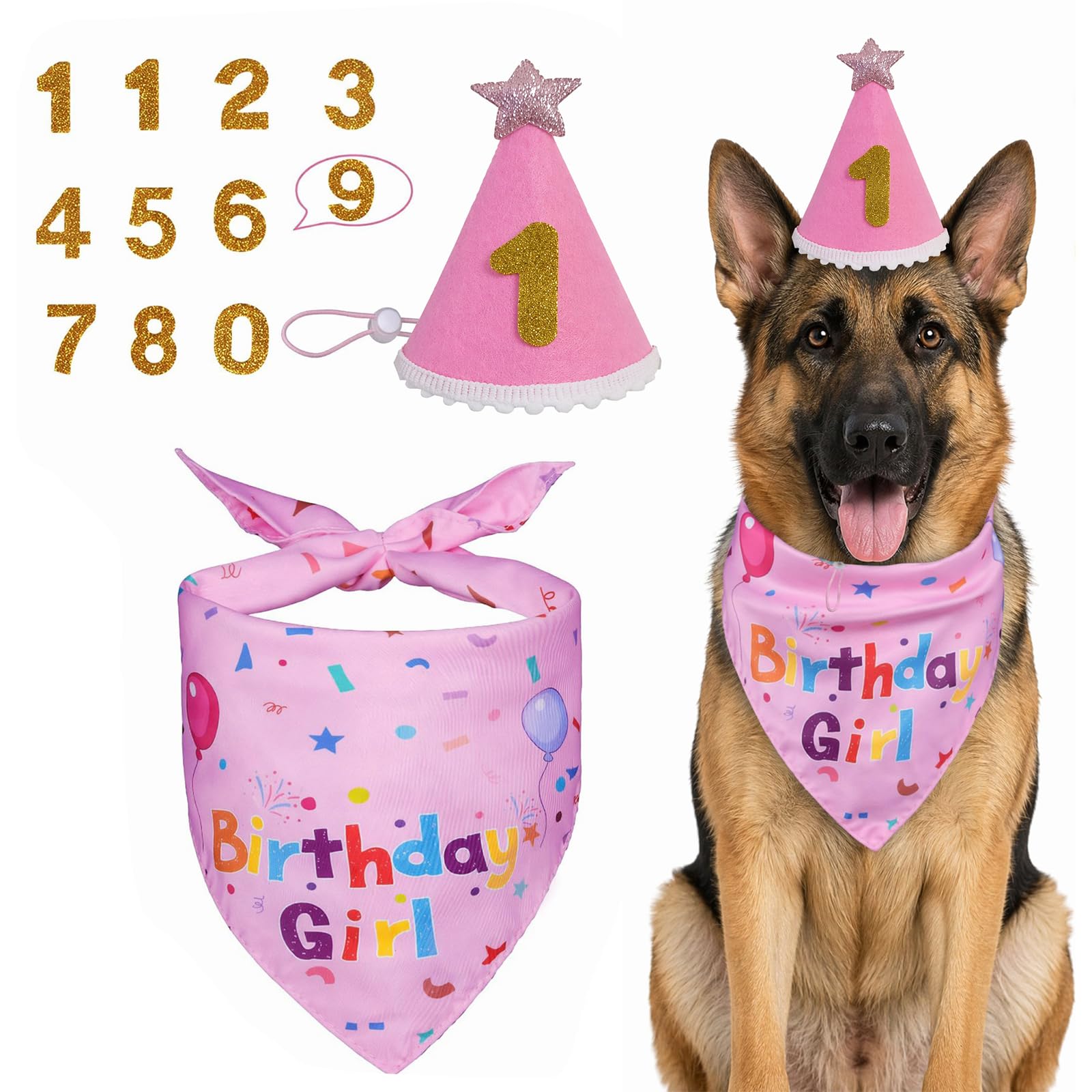 Pink Dog Birthday Bandana and Hat Set, Cute "Birthday Girl" Puppy Party Outfit with Glitter Numbers 0-9, Reusable Pet Birthday Decorations and Celebration Accessories for Small Medium Large Dogs