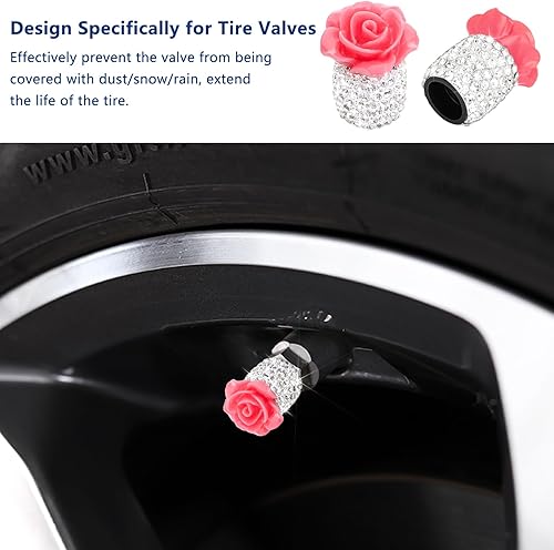 Miniatura 9 de Tapas de vástago de válvula con diamantes de imitación, 4 unidades, con diseño de flores rosas, universales, accesorios de automóvil, SUV,