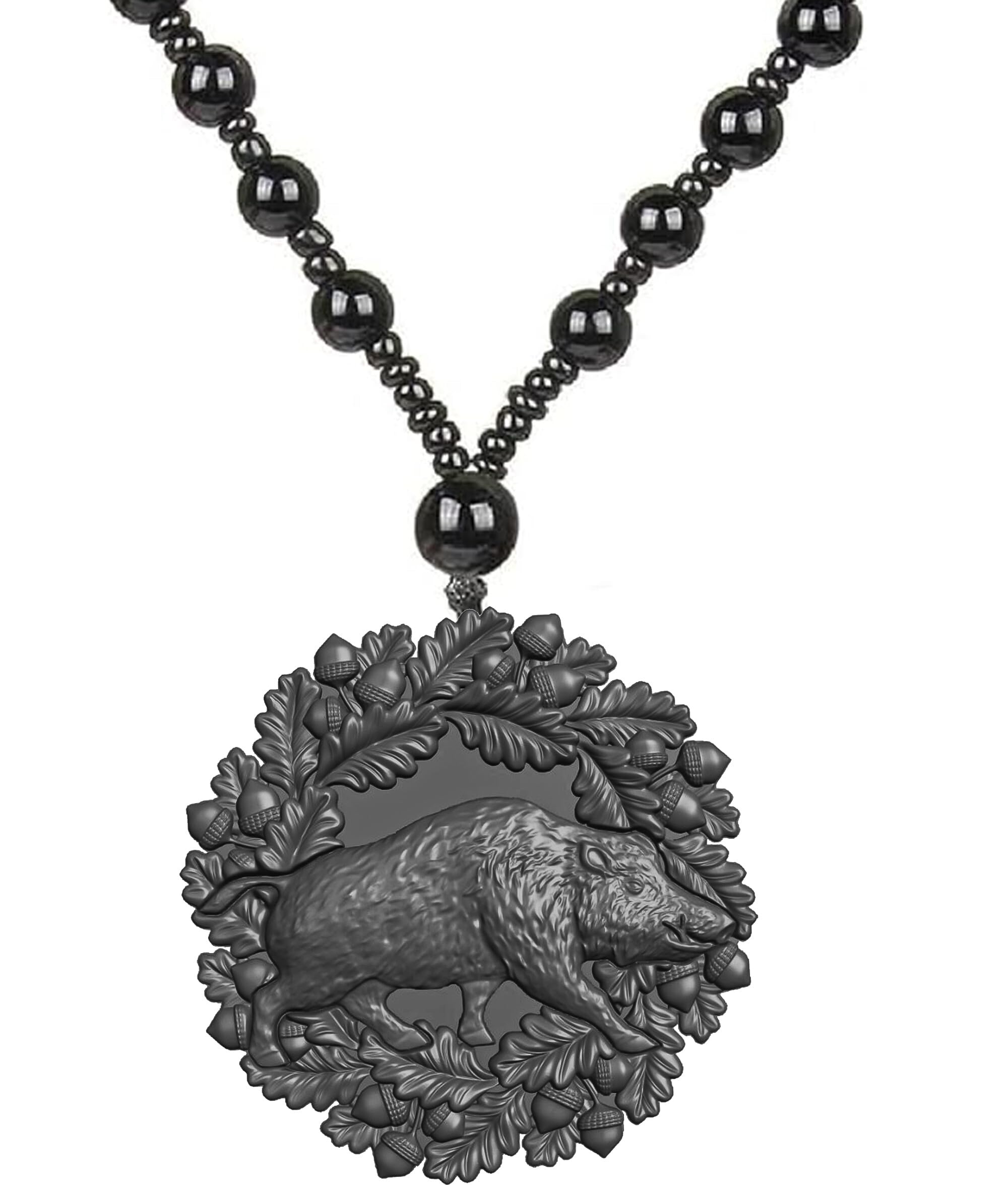 Black Round Boar Face Pendant Locket Necklace for Men Women with Attached Beads Mala Stylish Animal Head Charms Tribal Jewellery for Boys Girls Unisex Fashion Accessories-image-10