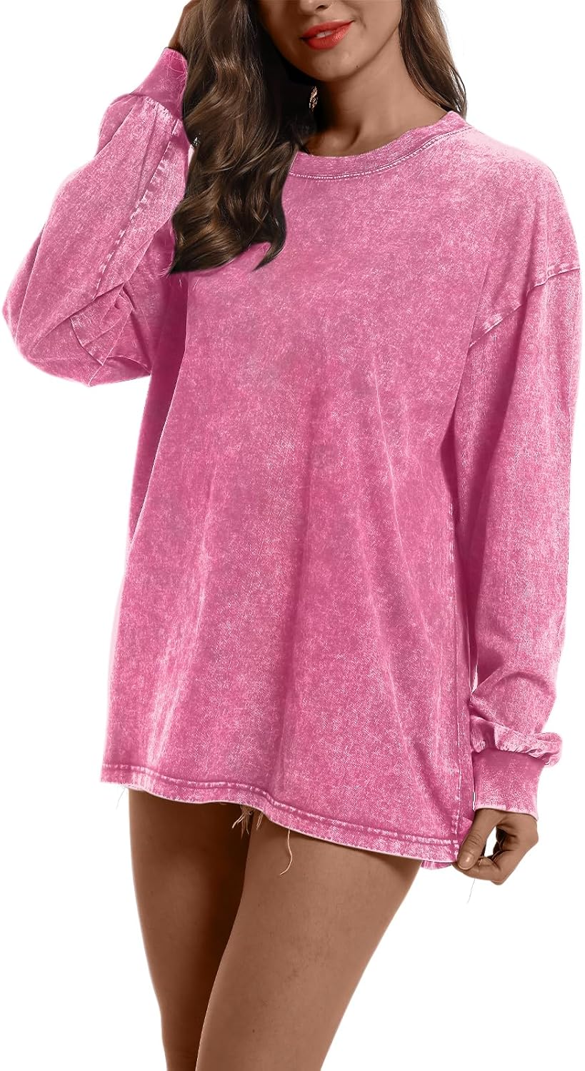 BINTEHGS Crewneck Oversized Long Sleeve Shirts for Women Loose Fit Vintage Acid Wash Tshirt Basic Solid Color Tee Sweatshirt - Image 3