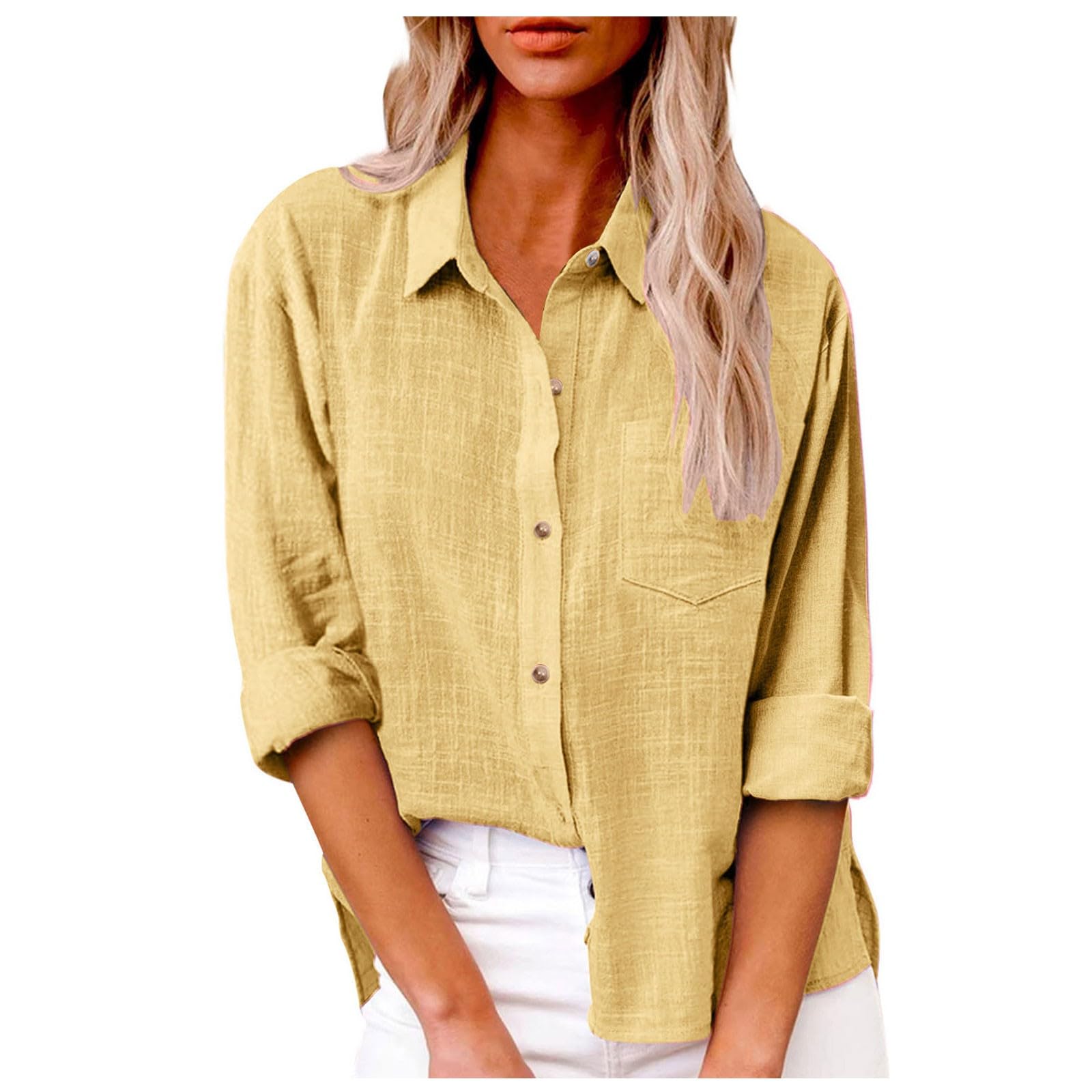 Camicette da donna a maniche lunghe 2026 in garza con spacco laterale alla moda con risvolto estivo abbottonato camicette in cotone casual da spiaggia abiti in mussola oversize colletto Vcation solido