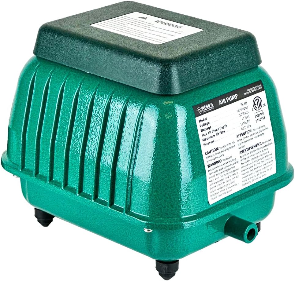 Webb's Pond Ripple Air Pump PR60, Aerate Ponds up to 7,000 Gallons, Quiet & Reliable, Energy-Efficient Pond Aerator for Koi Ponds & Water Gardens, 70 LPM / 2.47 CFM, 115v