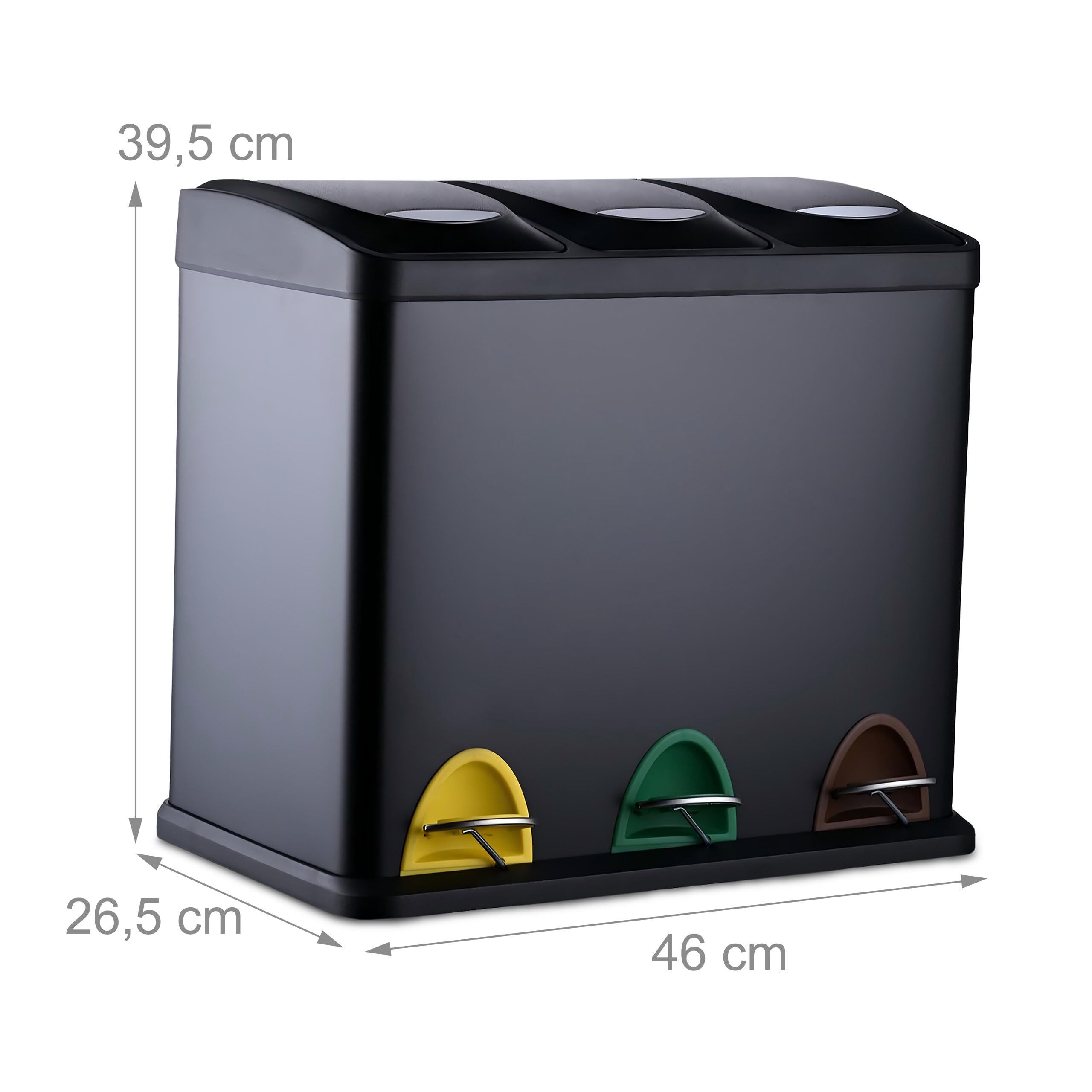 Relaxdays Poubelle 3 Compartiments 24L métal Noir avec pédale
