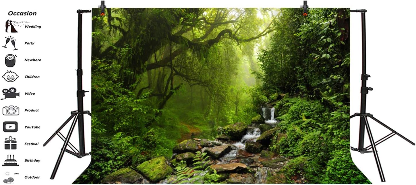 LFEEY 7x5ft Graceful Natural Scenery Backdrop Evergreen Forest Jungle Rock Flowing Mountain Stream Rainforest Photography Background Birthday Party Events Photo Studio Props