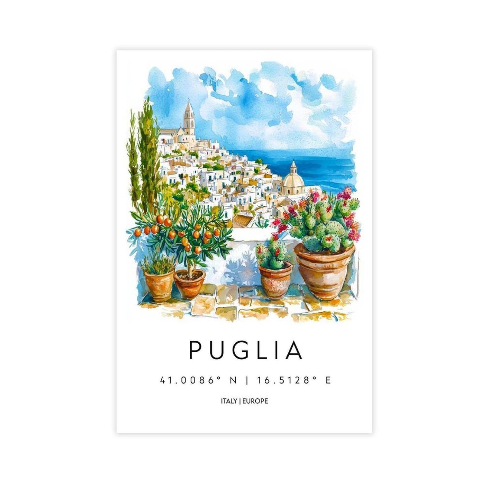 QOGDAF Puglia Watercolor Italy Travel Canvas Poster Bedroom Decor Landscape Office Room Decor Gift 20x30inch(50x75cm)