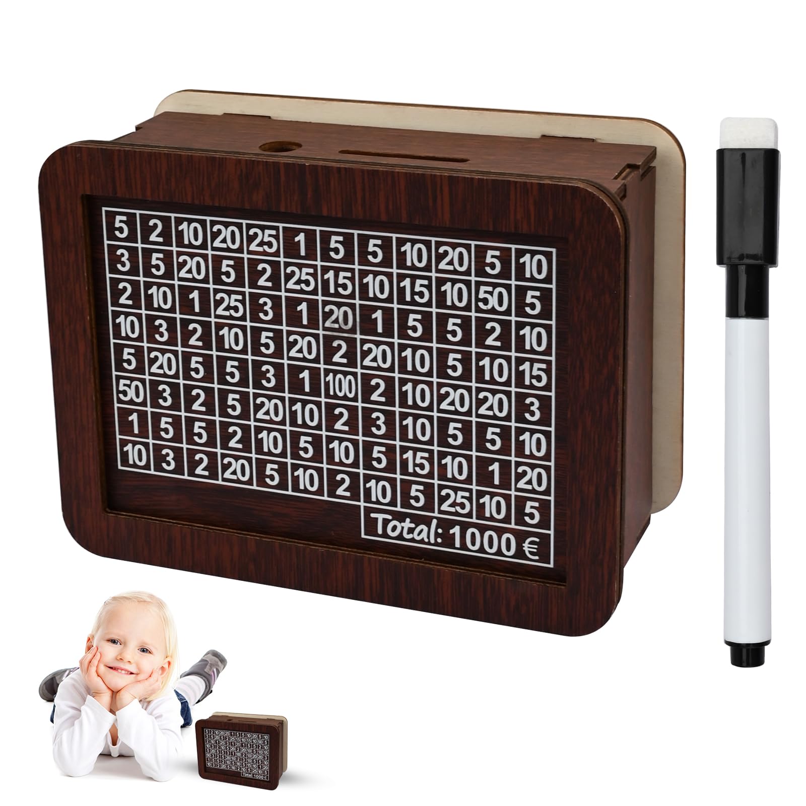 Wooden Money Box with Counter Target Saving Money Box Reusable Wooden Money Storage Box with Savings Goal and Numbers 1000€ Wooden Money Piggy Bank with Erasable Pen for Boys Girls Kids 17x12.5x6.7cm