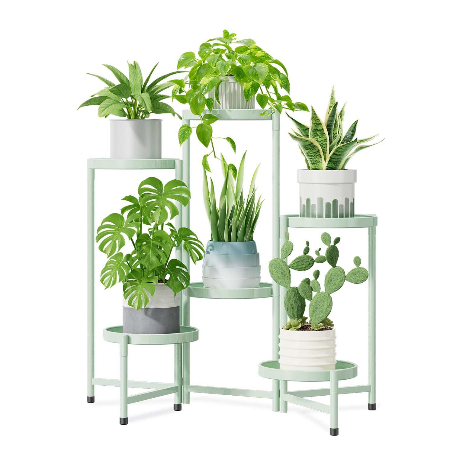 6 tier large plant stand indoor, 10 inch wide tall corner metal plant stands outdoor for multiple plants, folding tiered flower display holder rack shelf, light green
